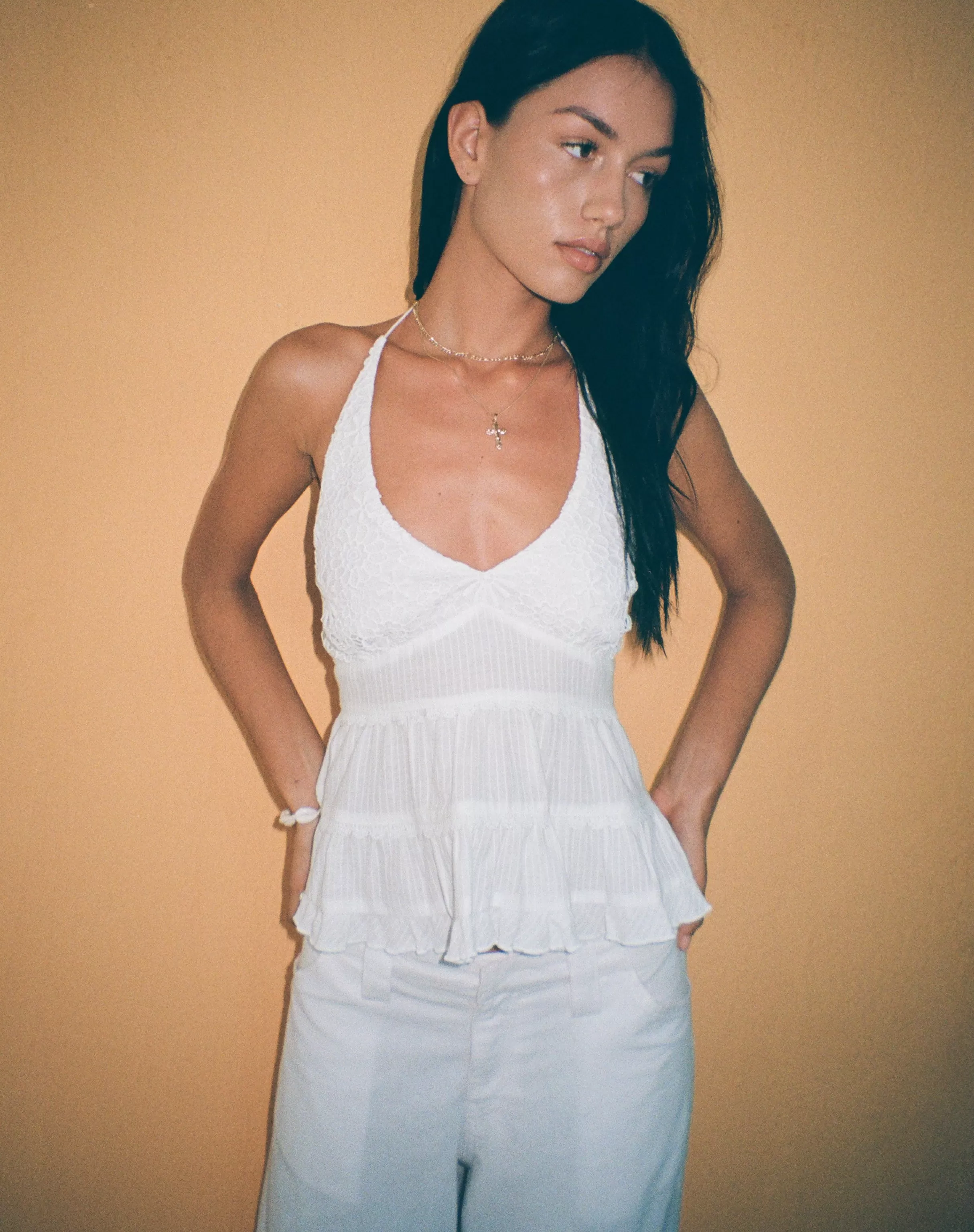 Hot Juanita Frill Halterneck Top In Crochet White HALTERNECK TOPS | STRAPPY TOPS