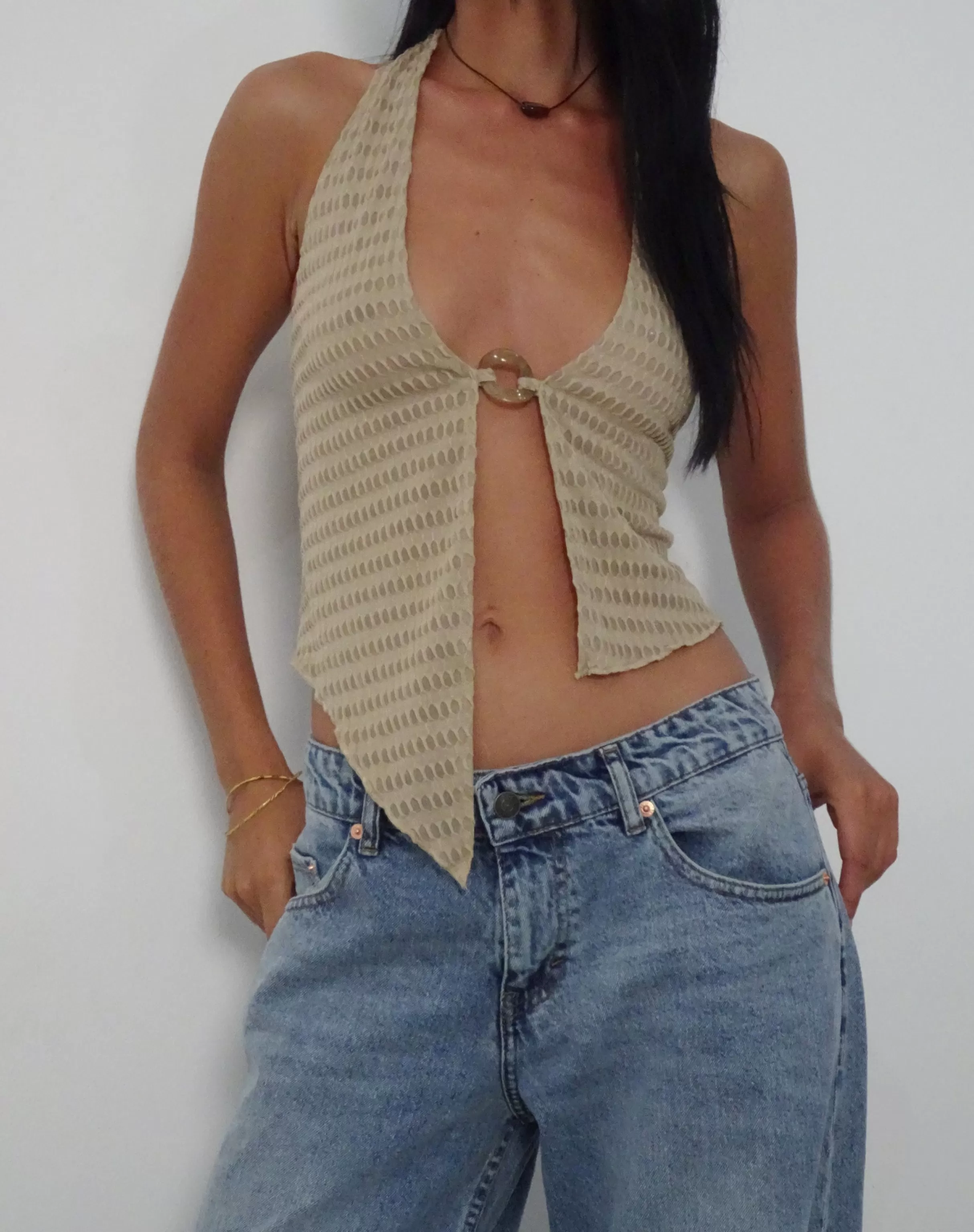 Fashion Kacie Waffle Knit Halterneck Butterfly Top In Oat HALTERNECK TOPS | STRAPPY TOPS