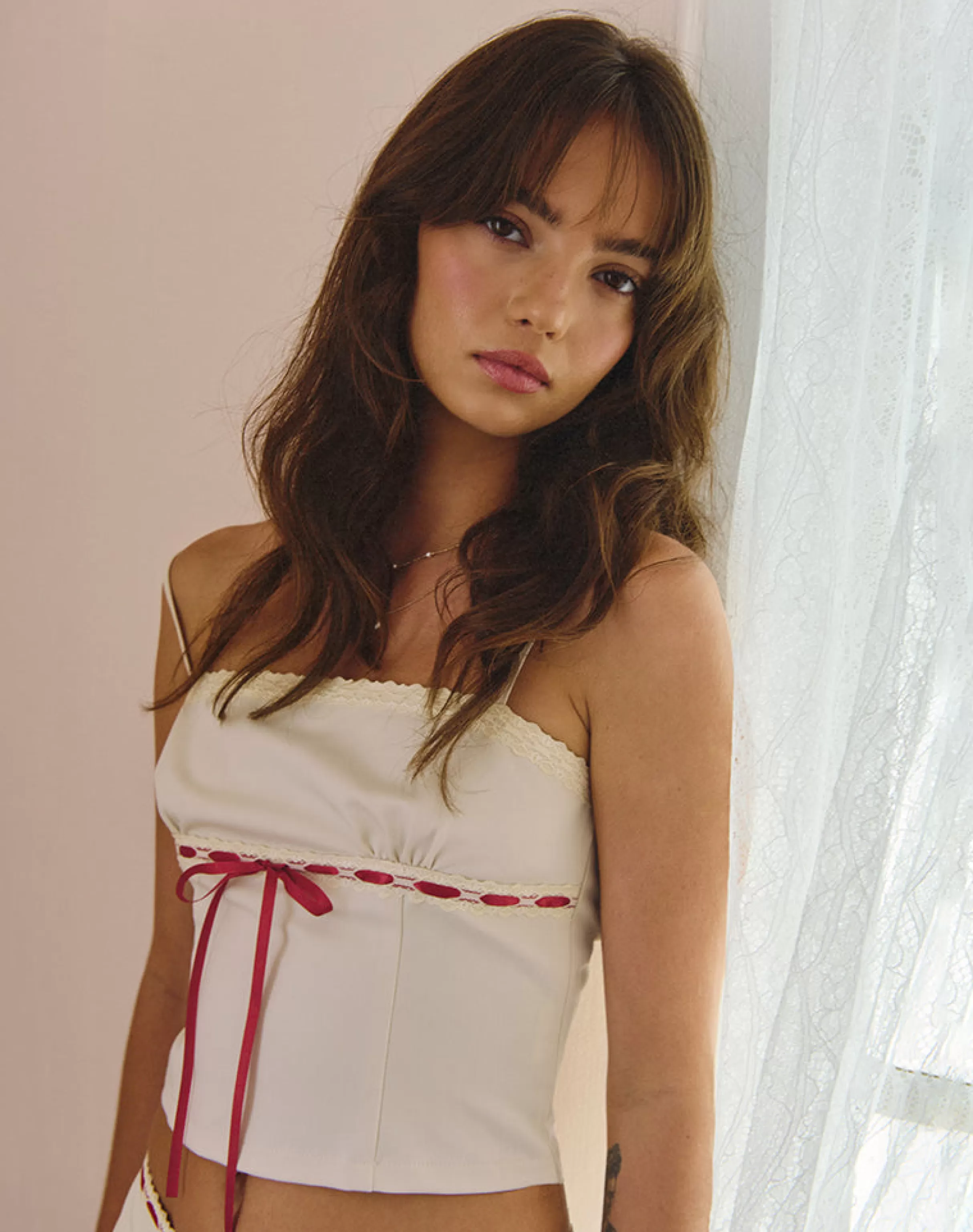 Shop Kaita Cami Top In Cream With Red Binding CO-ORDS | GOING OUT TOPS