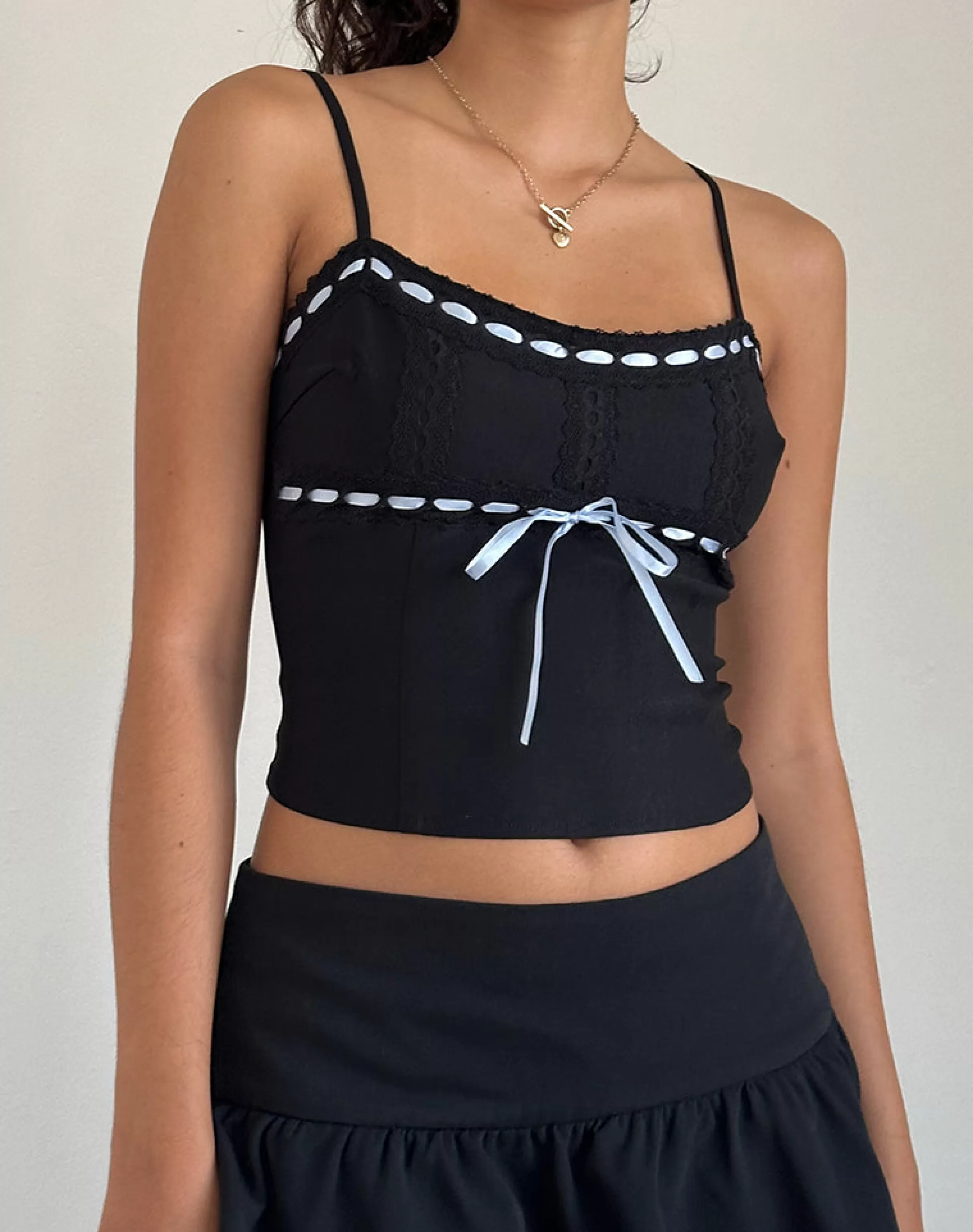 Flash Sale Karda Cami Top In Black With Contrast Ribbon GOING OUT TOPS | STRAPPY TOPS