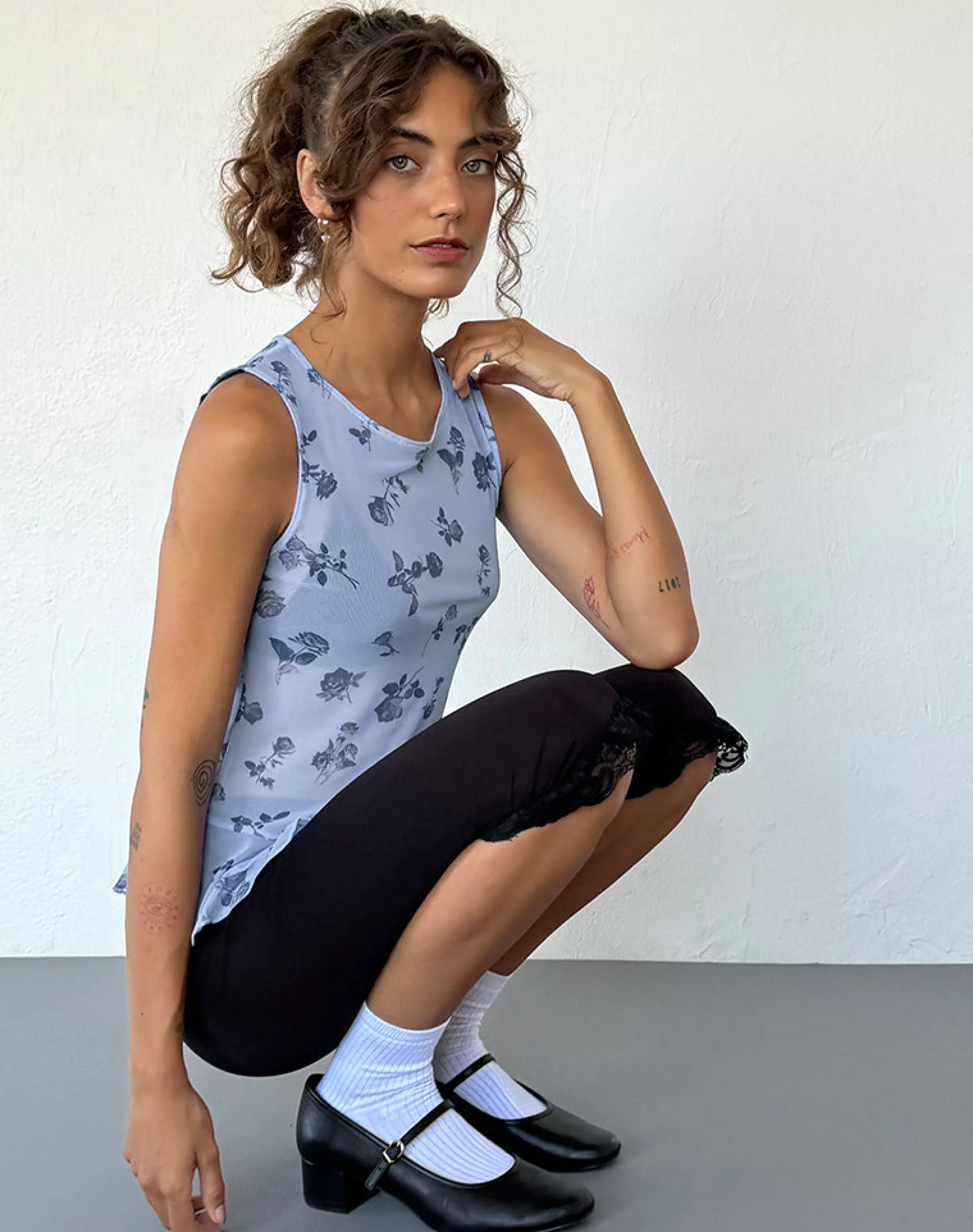 Clearance Katnis Top In Inky Blue Floral Mesh STRAWBERRY MILK | BASIC TOPS