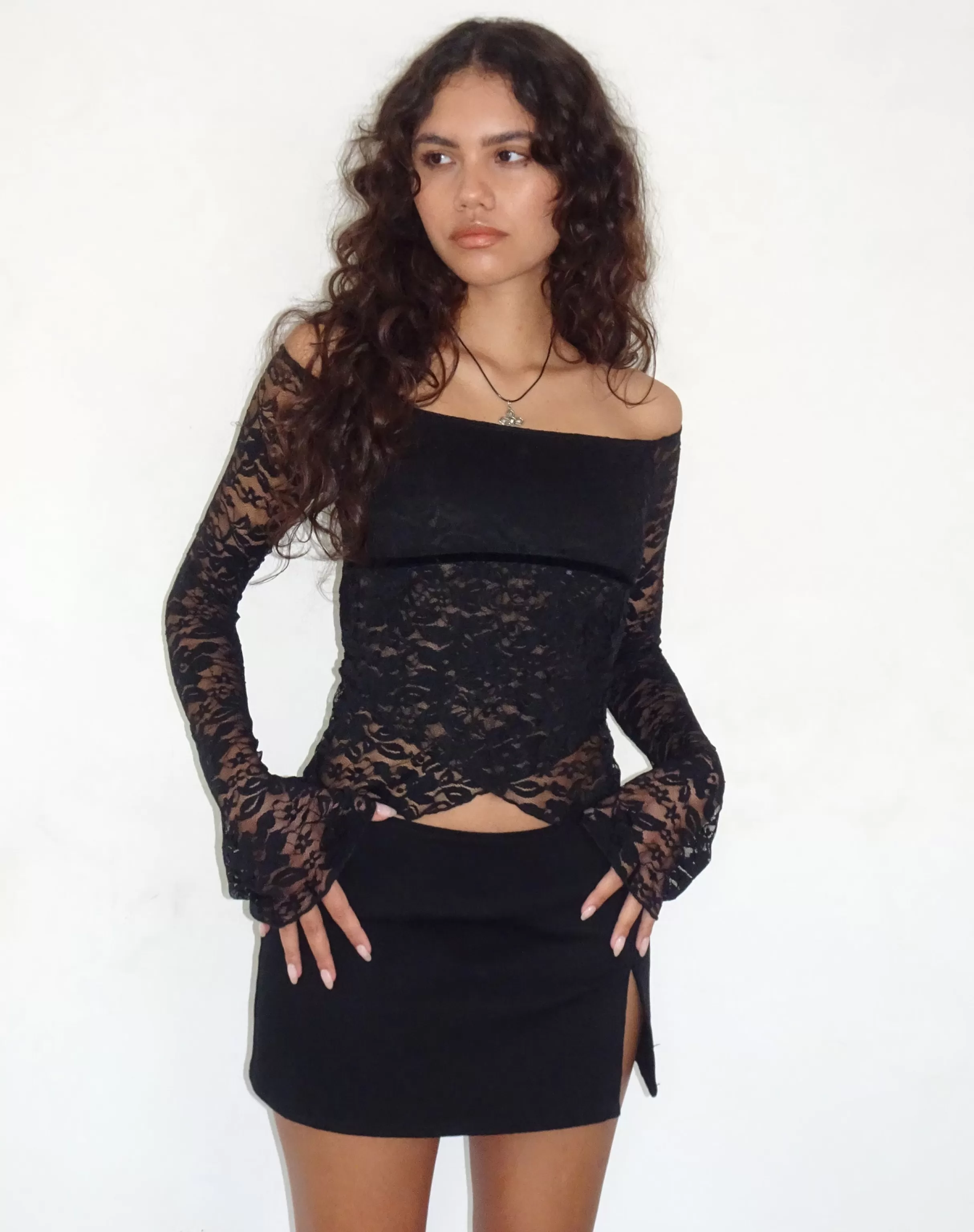Outlet Kawila Bardot Top In Floral Lace Jet Black CROP TOPS | LONG SLEEVE TOPS