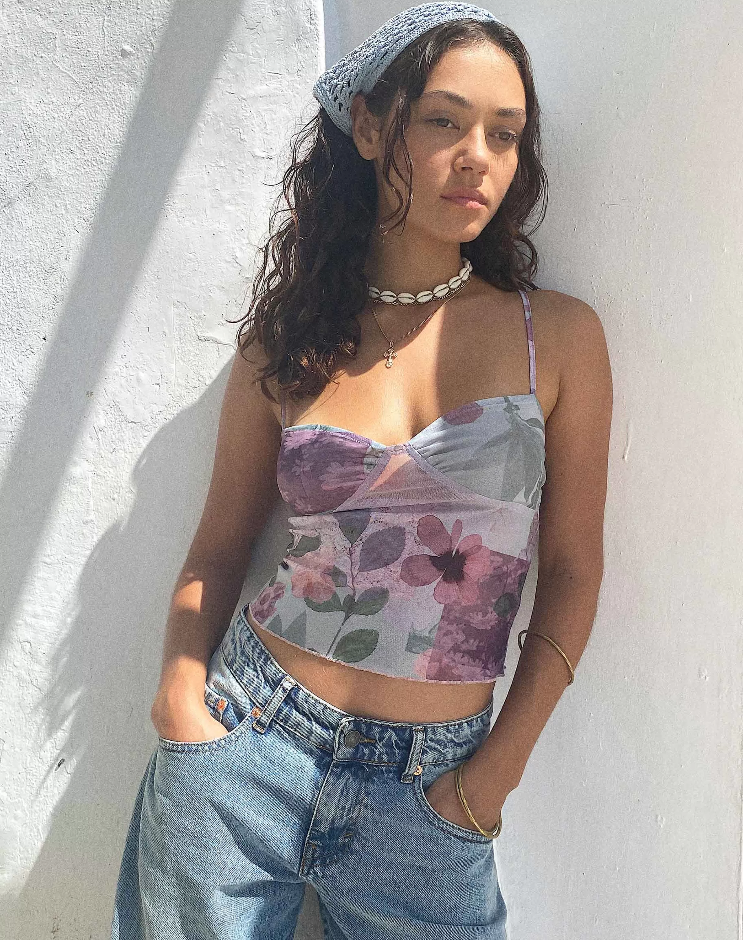 Discount Kikan Cropped Mesh Cami In Abstract Scrapbook STRAPPY TOPS | PRINTED TOPS