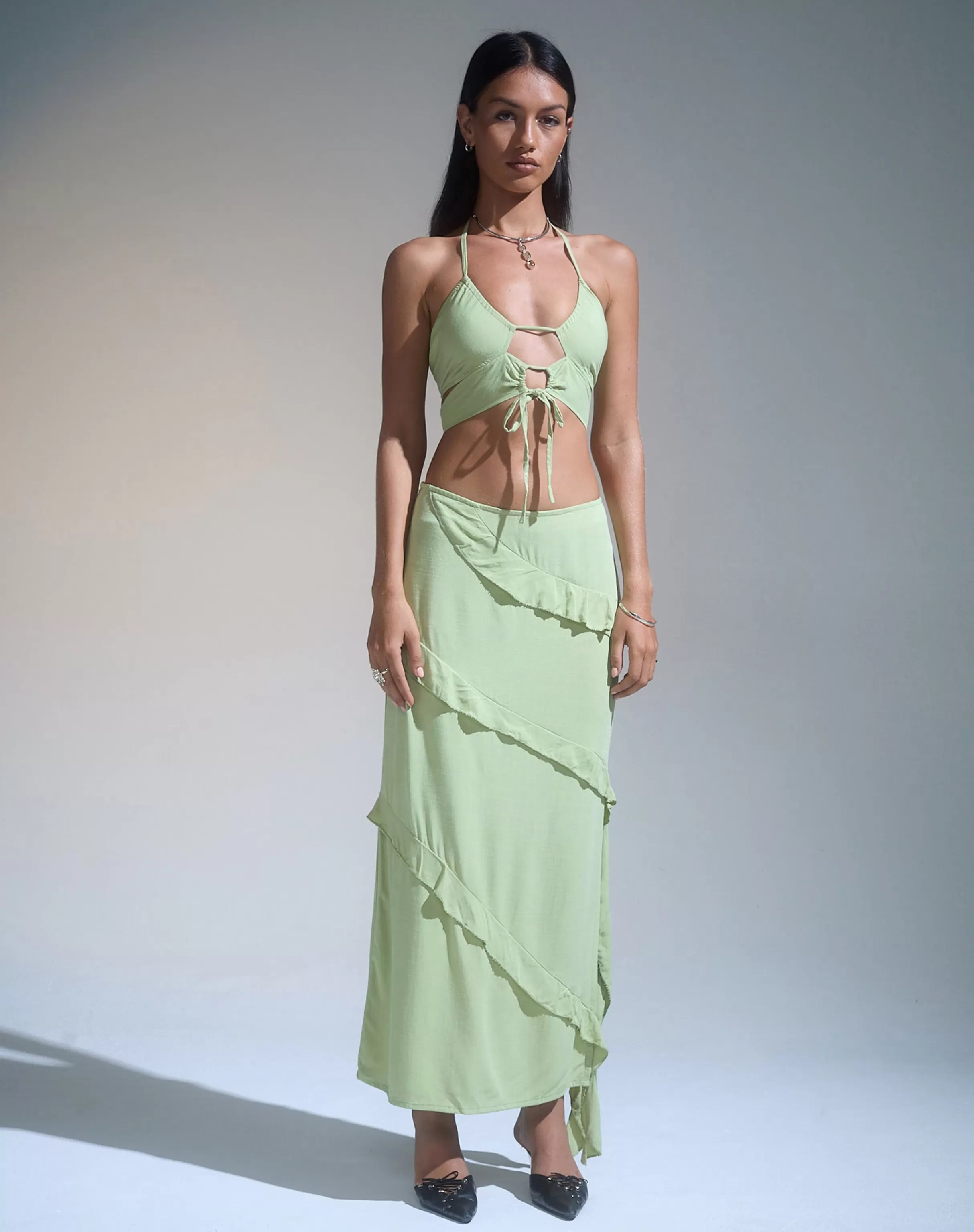 Shop Koen Cut Out Top In Mint Sage HALTERNECK TOPS | STRAPPY TOPS