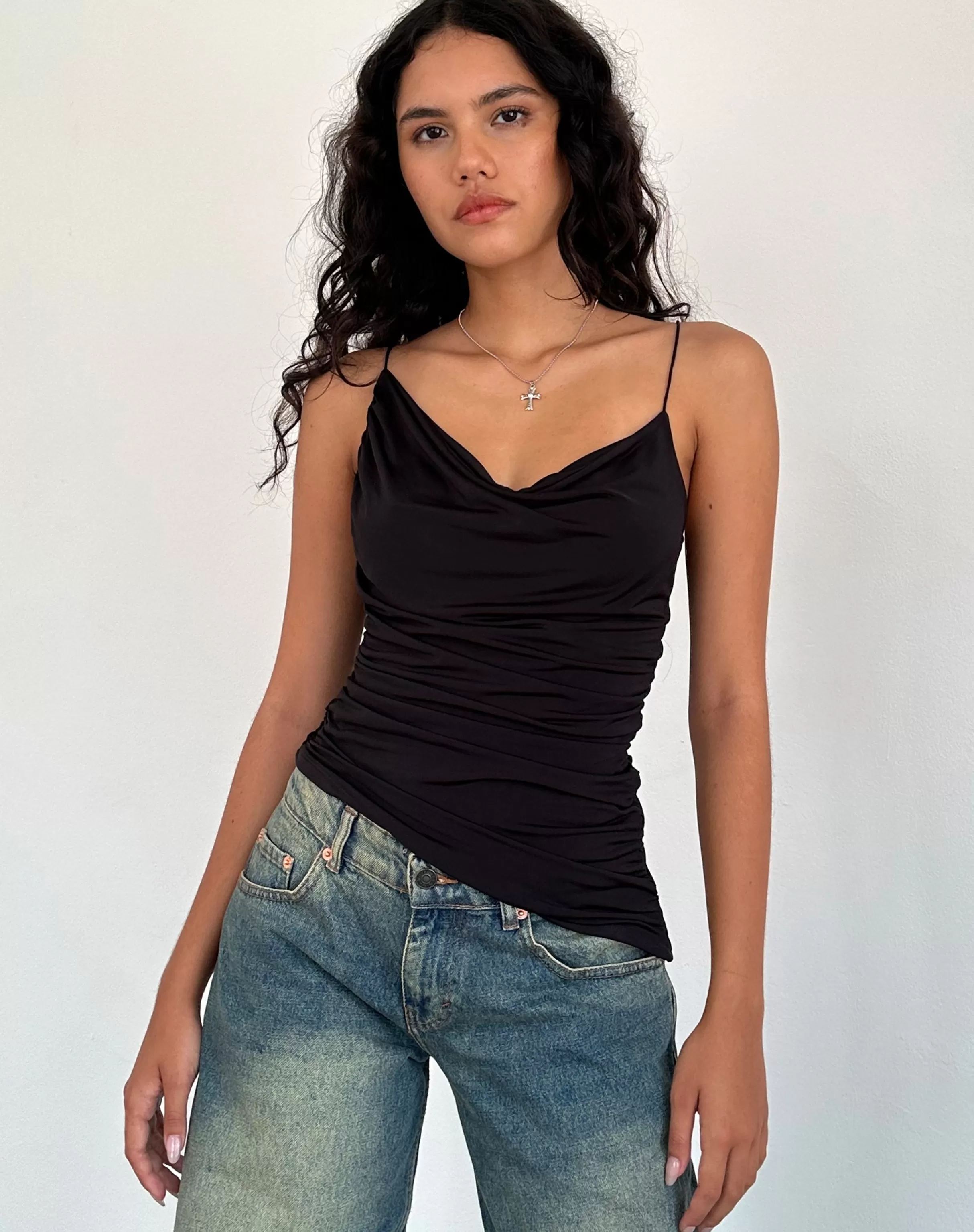 Sale Kofi Asymmetric Ruched Cami Top In Black Slinky STRAPPY TOPS