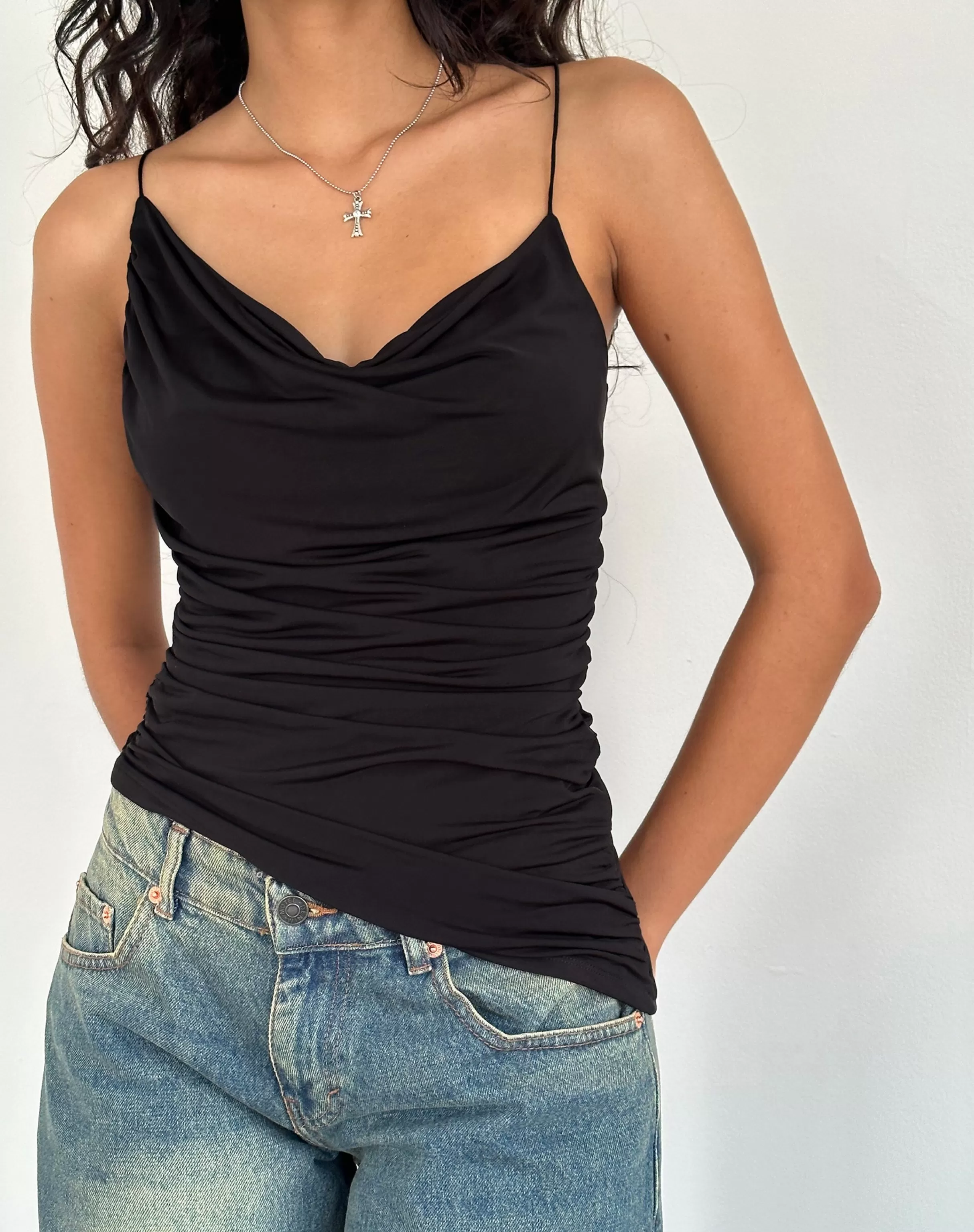 Sale Kofi Asymmetric Ruched Cami Top In Black Slinky STRAPPY TOPS