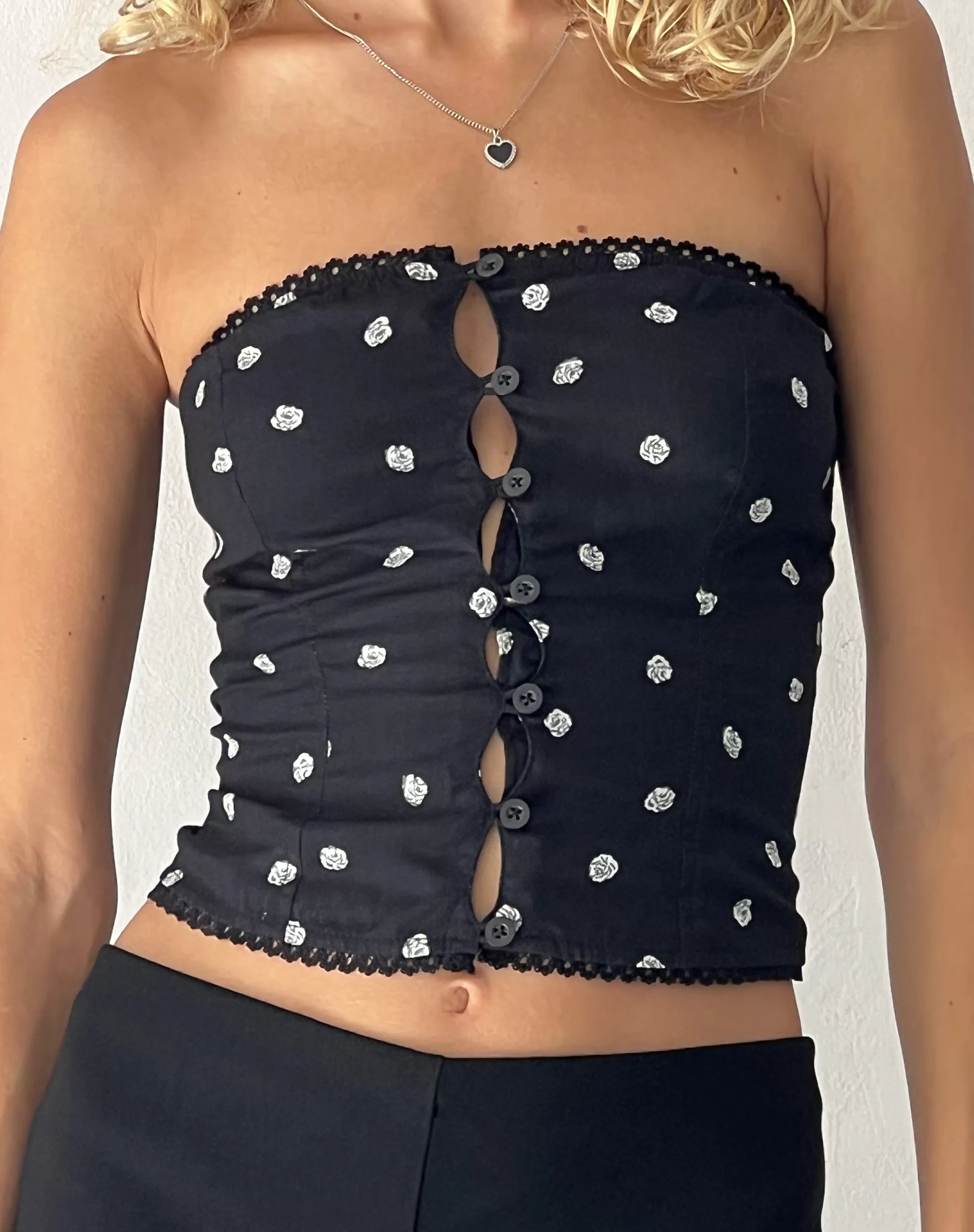 Hot Lacey Button Front Corset Top In Ditsy Rose Black PRINTED TOPS | CORSET TOPS