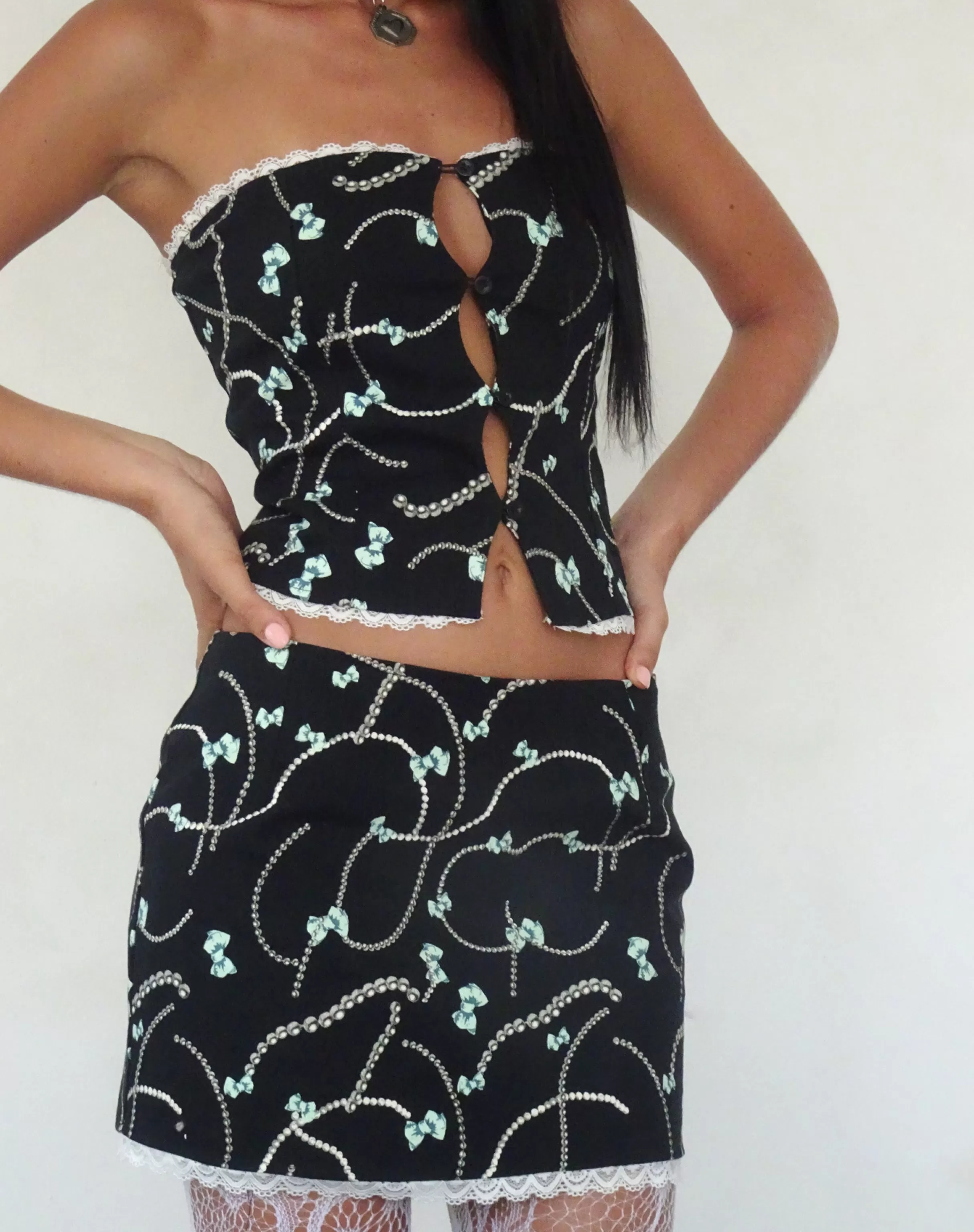 Fashion Lacur Bandeau Corset In Black With Pearl And Bow Print CO-ORDS | PRINTED TOPS