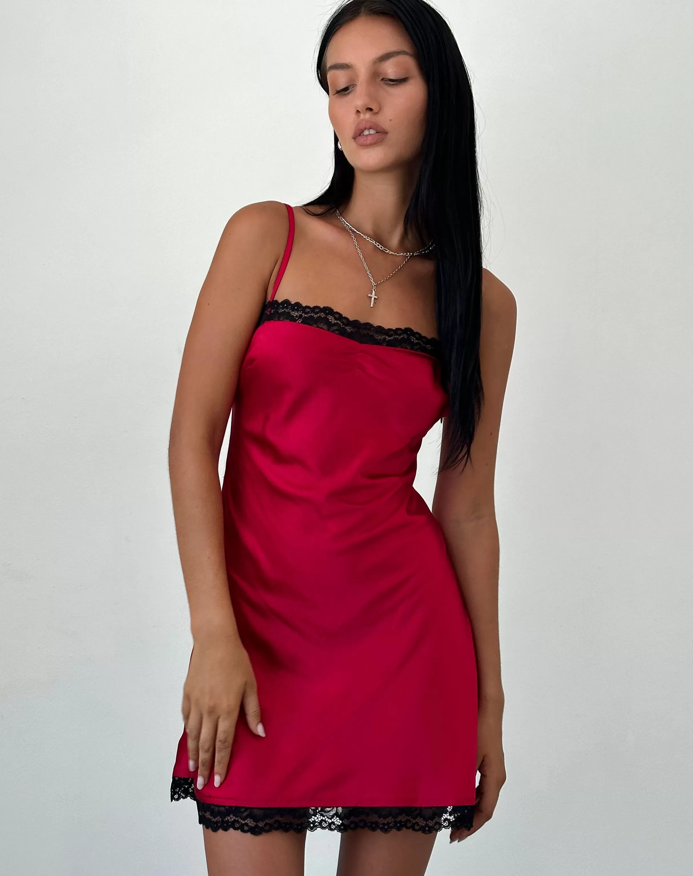 Discount Larna Satin Mini Dress In With Black Lace Trimming SATIN DRESSES | PARTY DRESSES