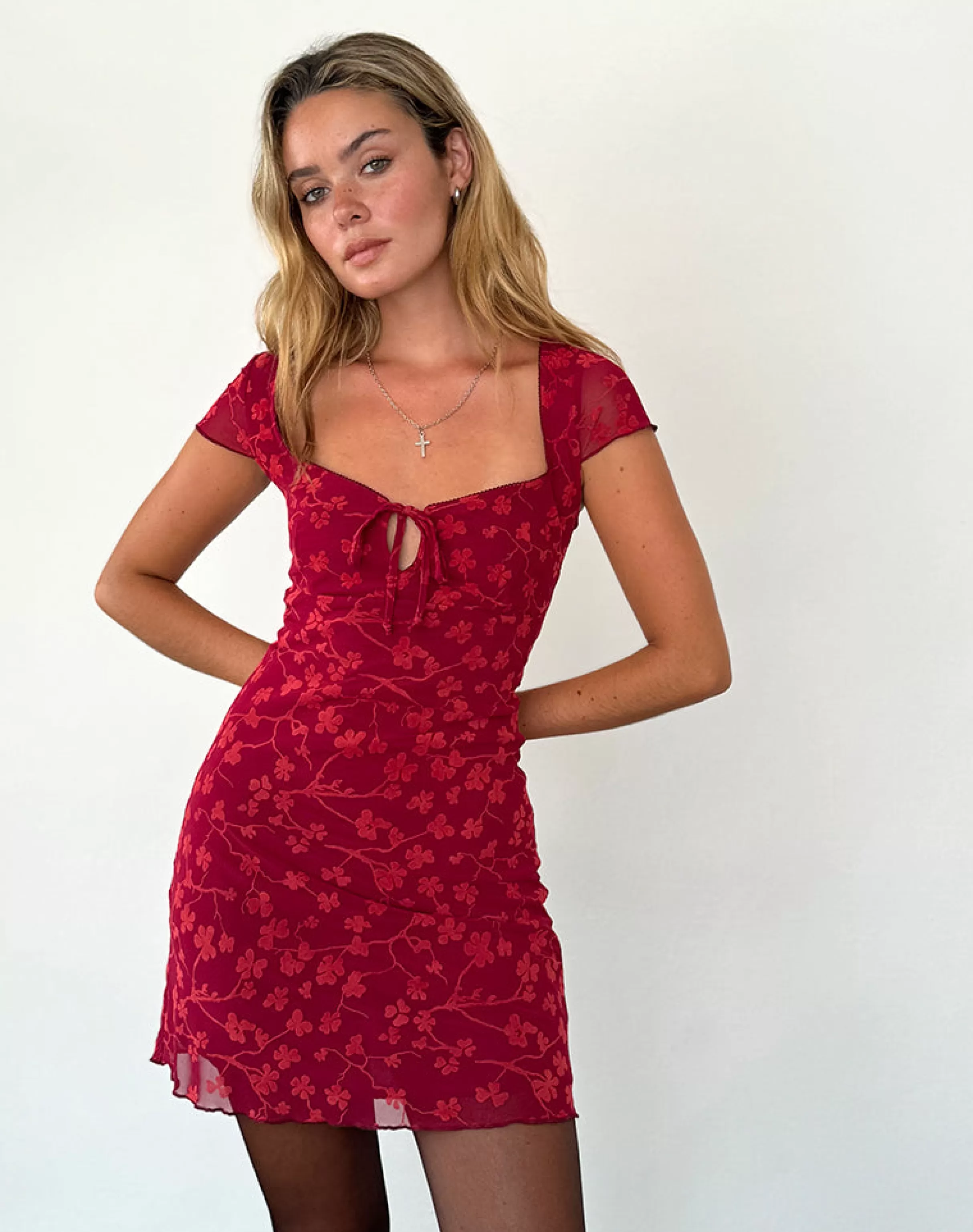Fashion Lashka Mini Dress In Red Grunge Floral Flock PRINTED DRESSES | MINI DRESSES