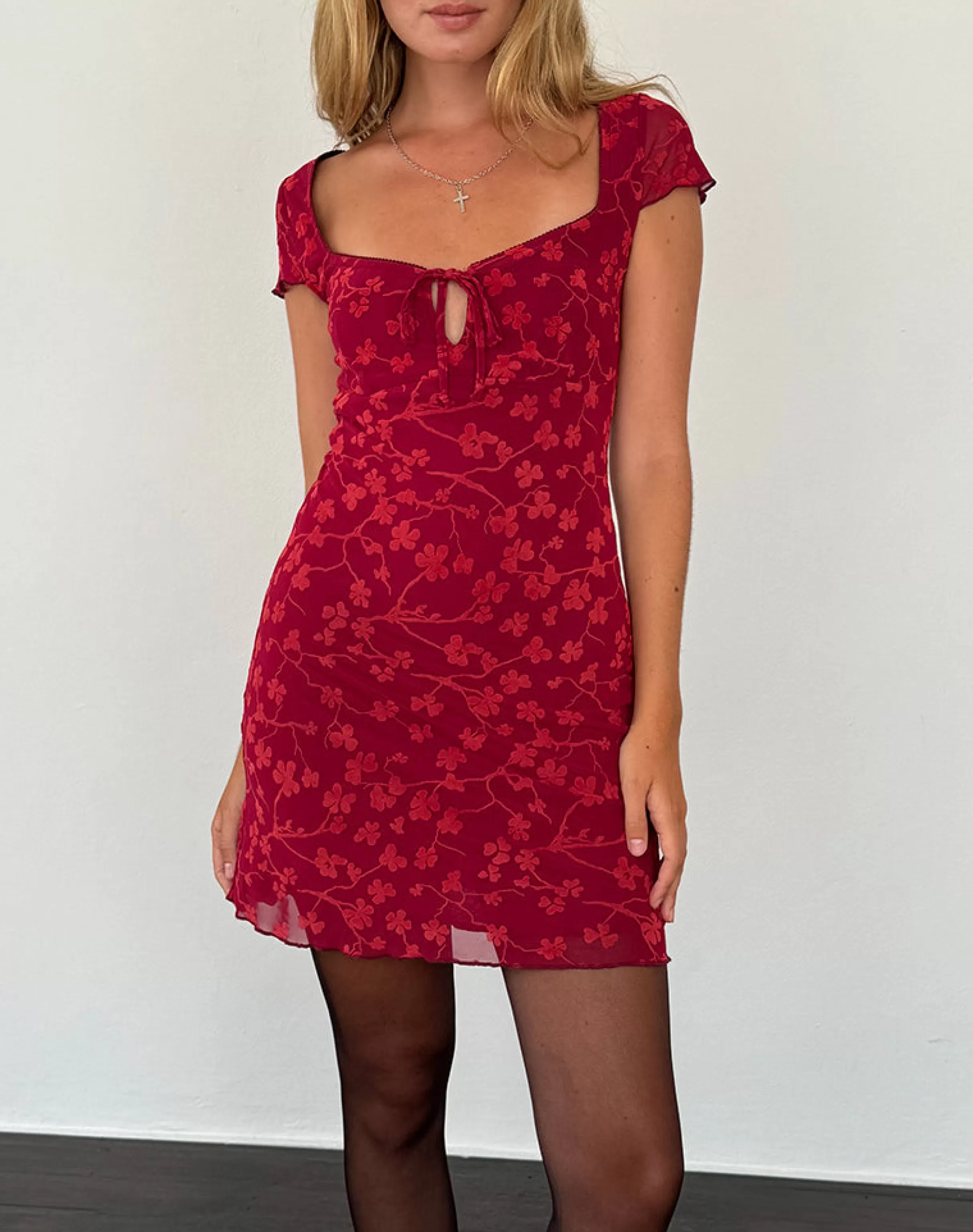 Fashion Lashka Mini Dress In Red Grunge Floral Flock PRINTED DRESSES | MINI DRESSES