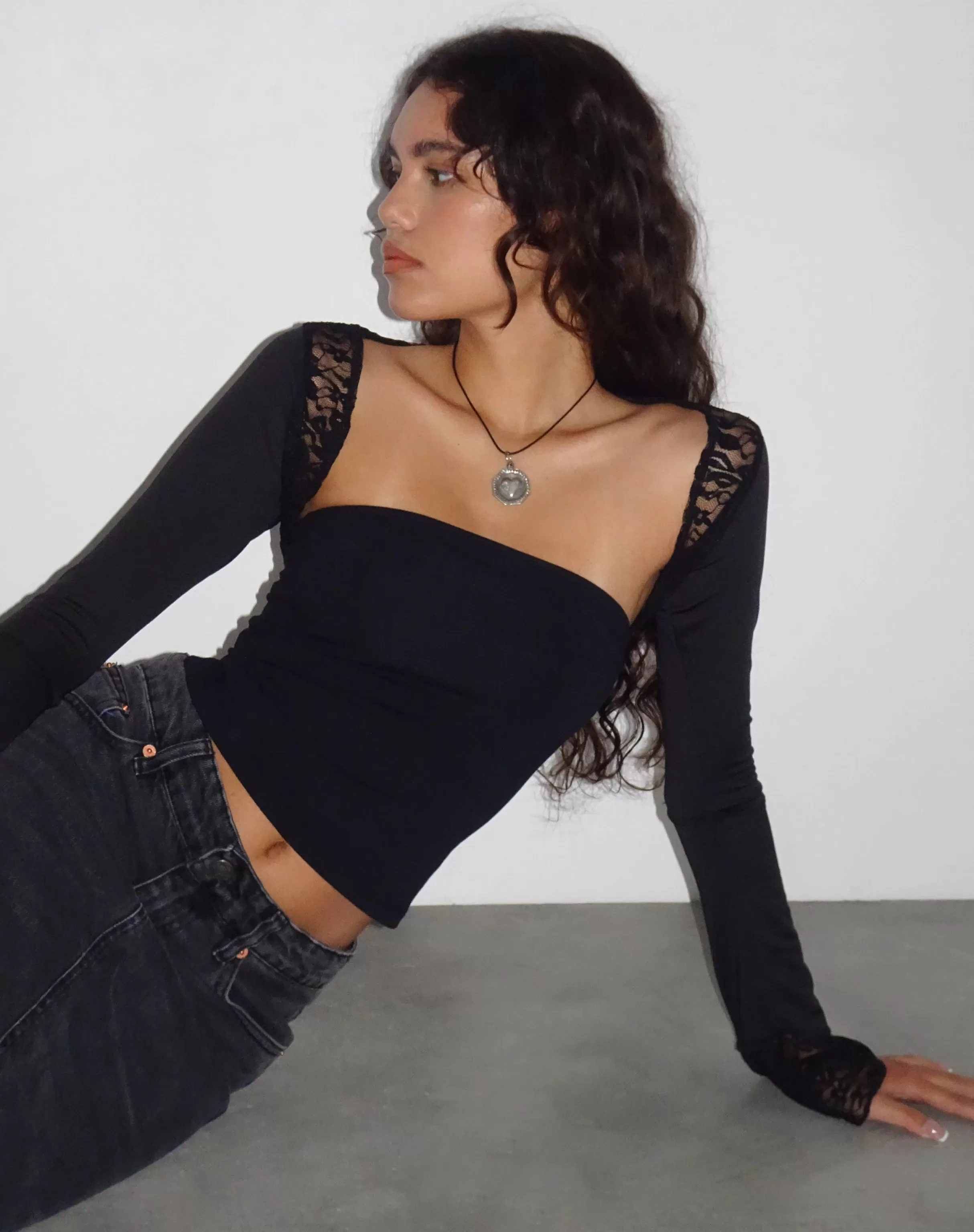 New Lenny Lace Shrug Top In Slinky Black With Black Lace Trim SHRUG TOPS | CROP TOPS