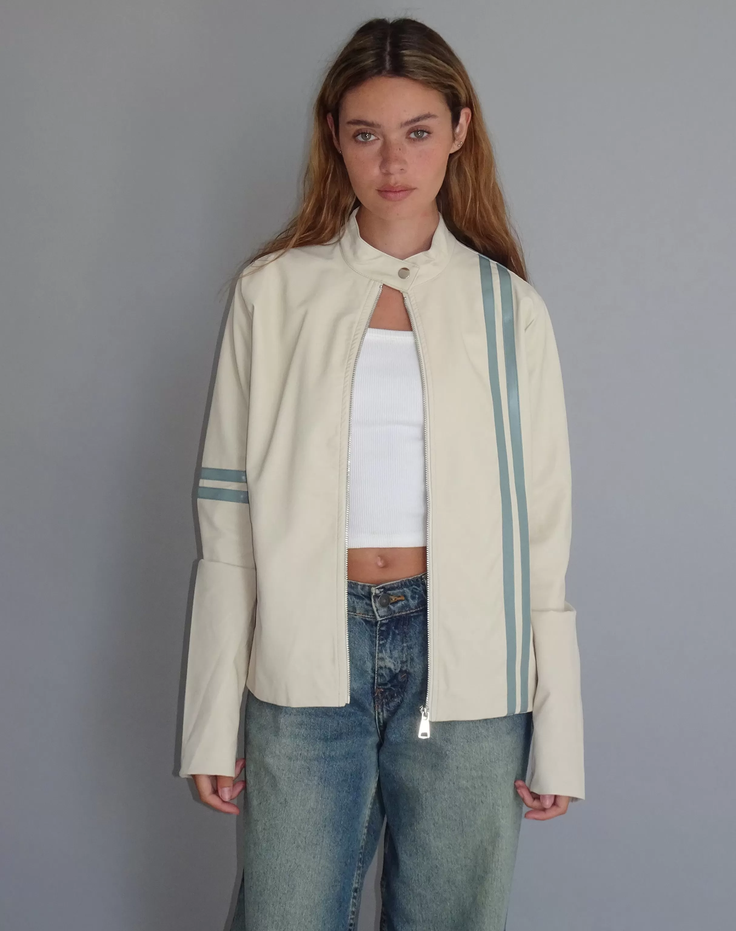 Fashion Lewis Jacket In Cream PU With Blue Stripe JACKETS | PU JACKETS