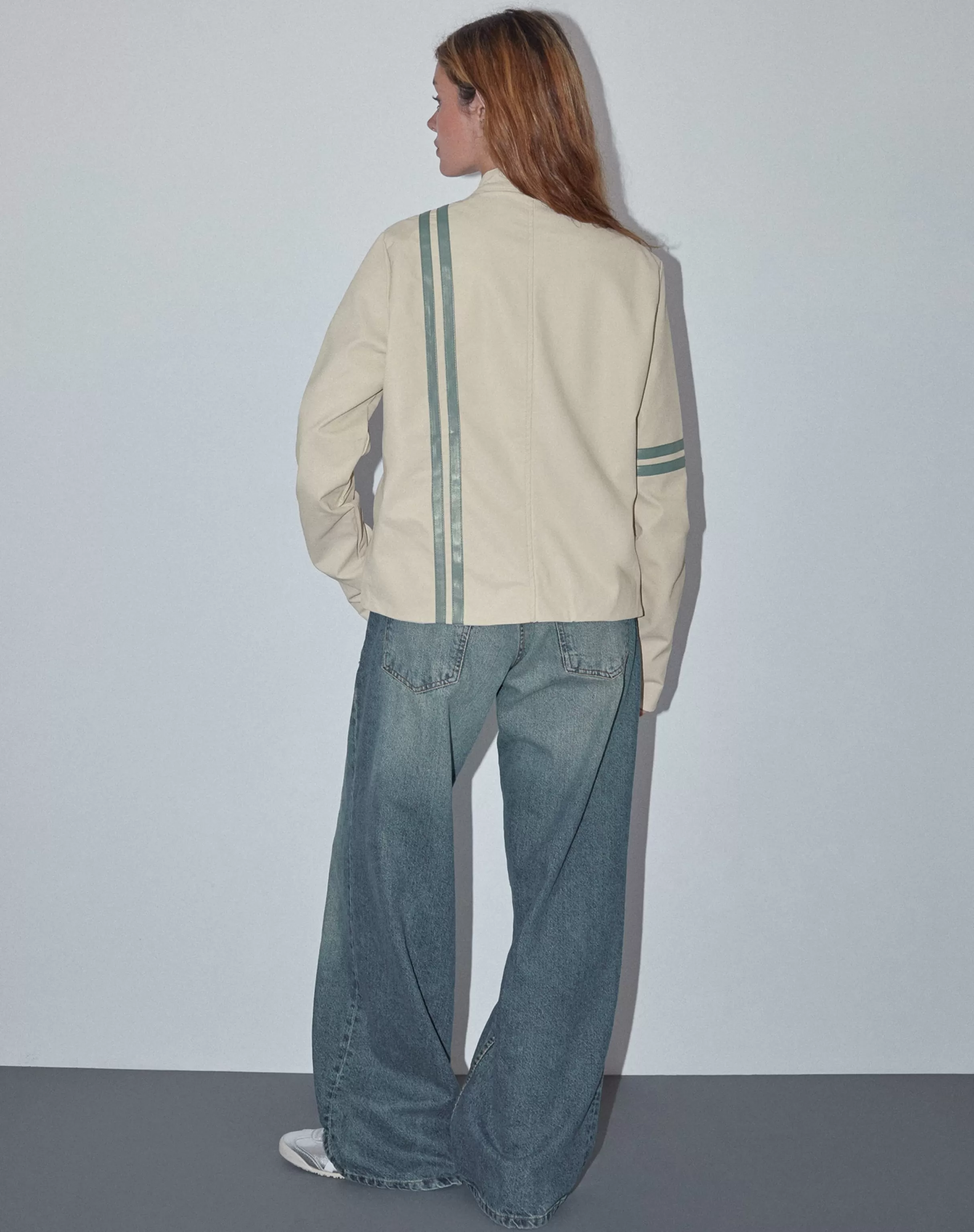 Fashion Lewis Jacket In Cream PU With Blue Stripe JACKETS | PU JACKETS