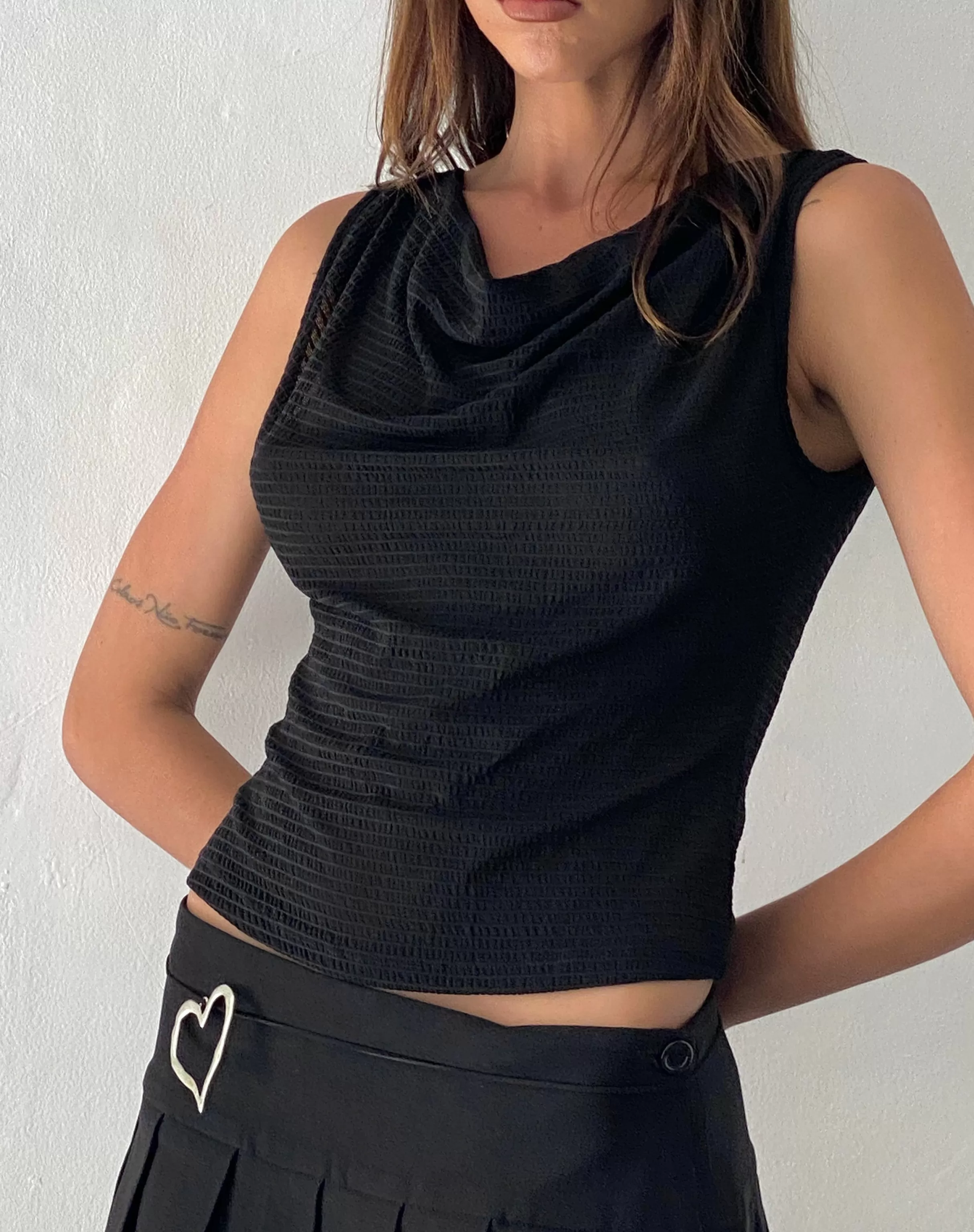 Online Lizette Cowl Open Back Top In Textured Black VEST TOPS