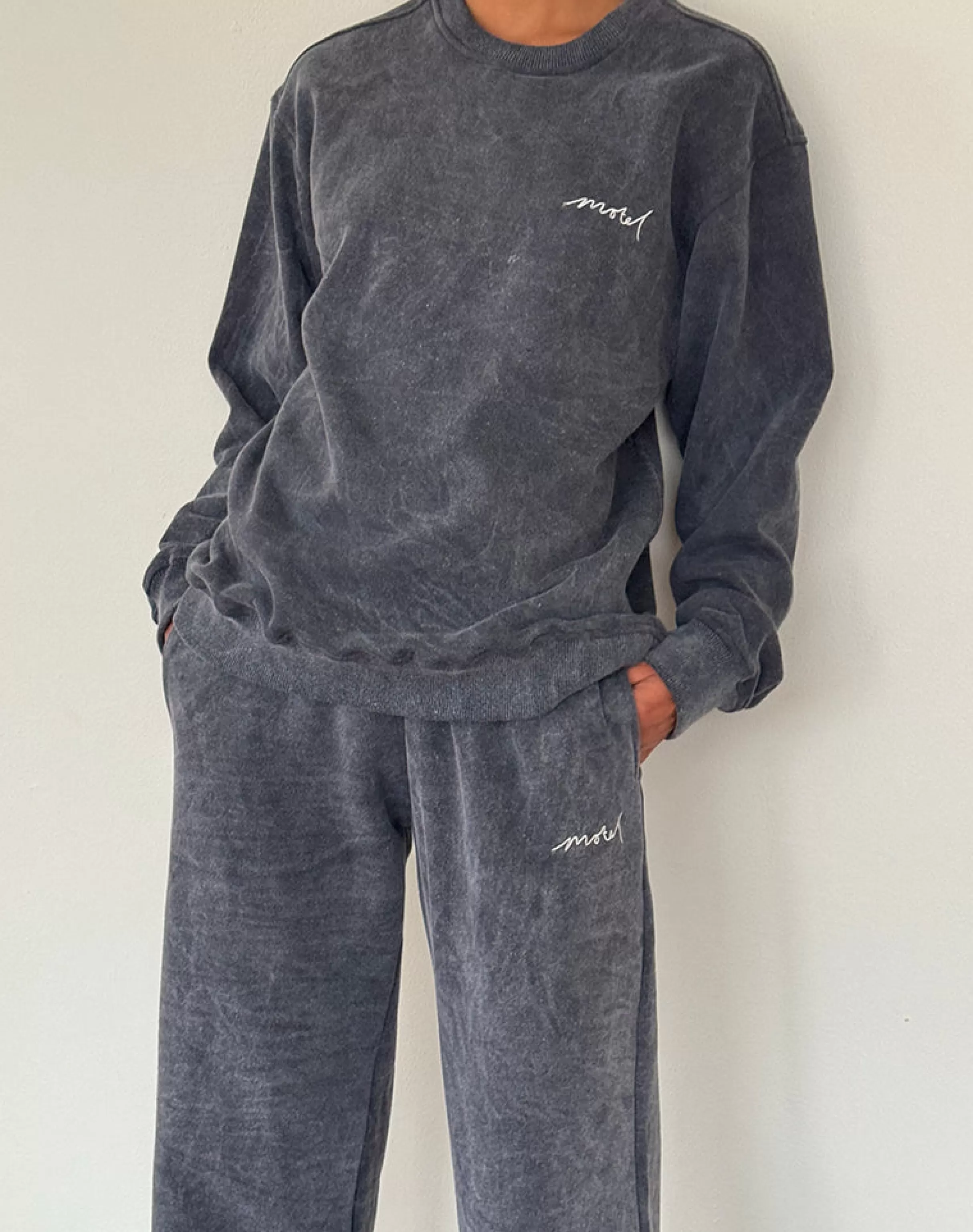 Clearance Loose Jogger In Black Wash With Off White 'MOTEL' Embroidery LOUNGEWEAR | CO-ORDS