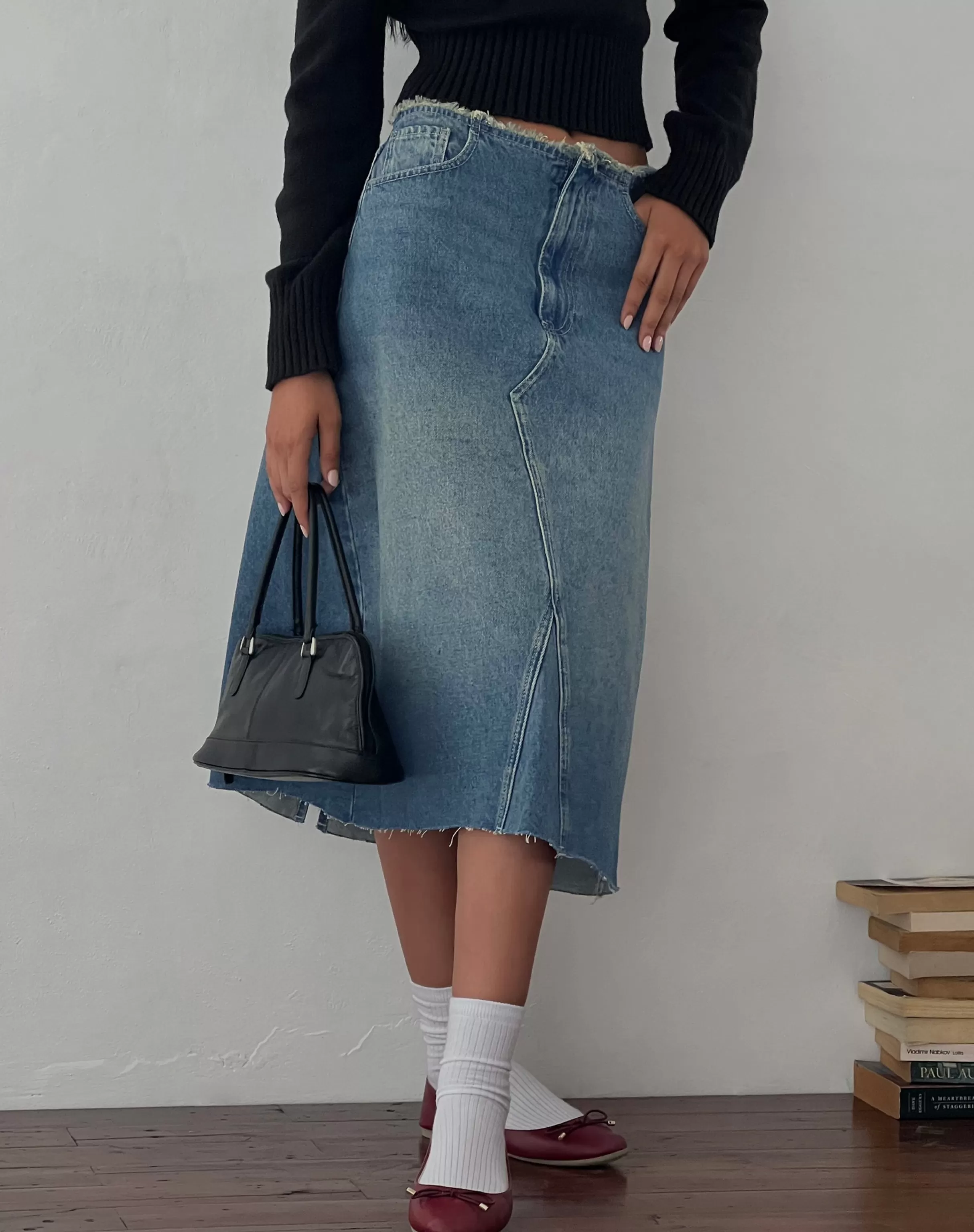 Fashion Low Rise Denim Midi Skirt In SALE SKIRTS | DENIM SKIRTS