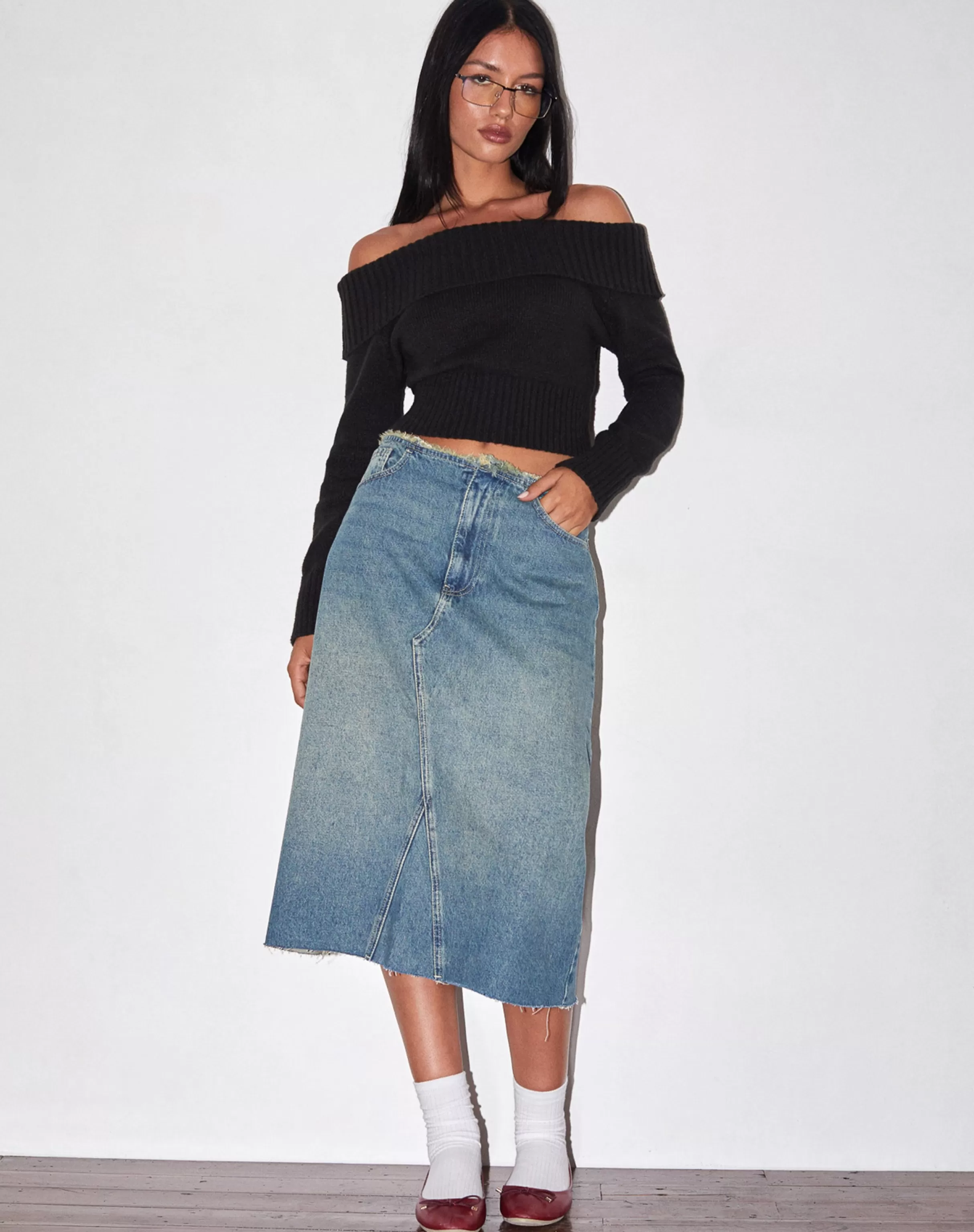 Fashion Low Rise Denim Midi Skirt In SALE SKIRTS | DENIM SKIRTS