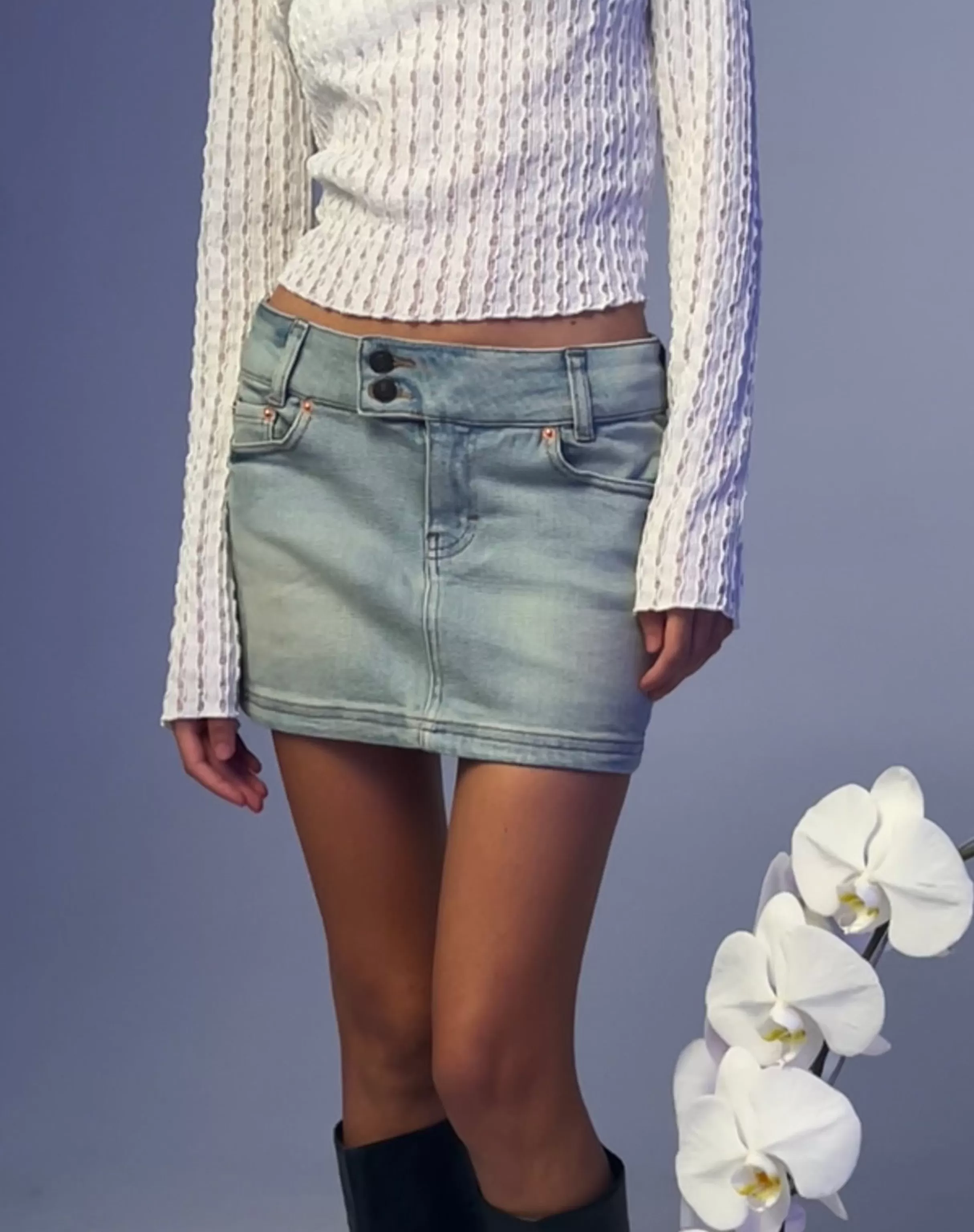 Sale Low Rise Denim Mini Skirt In BASICS | BODYCON SKIRTS