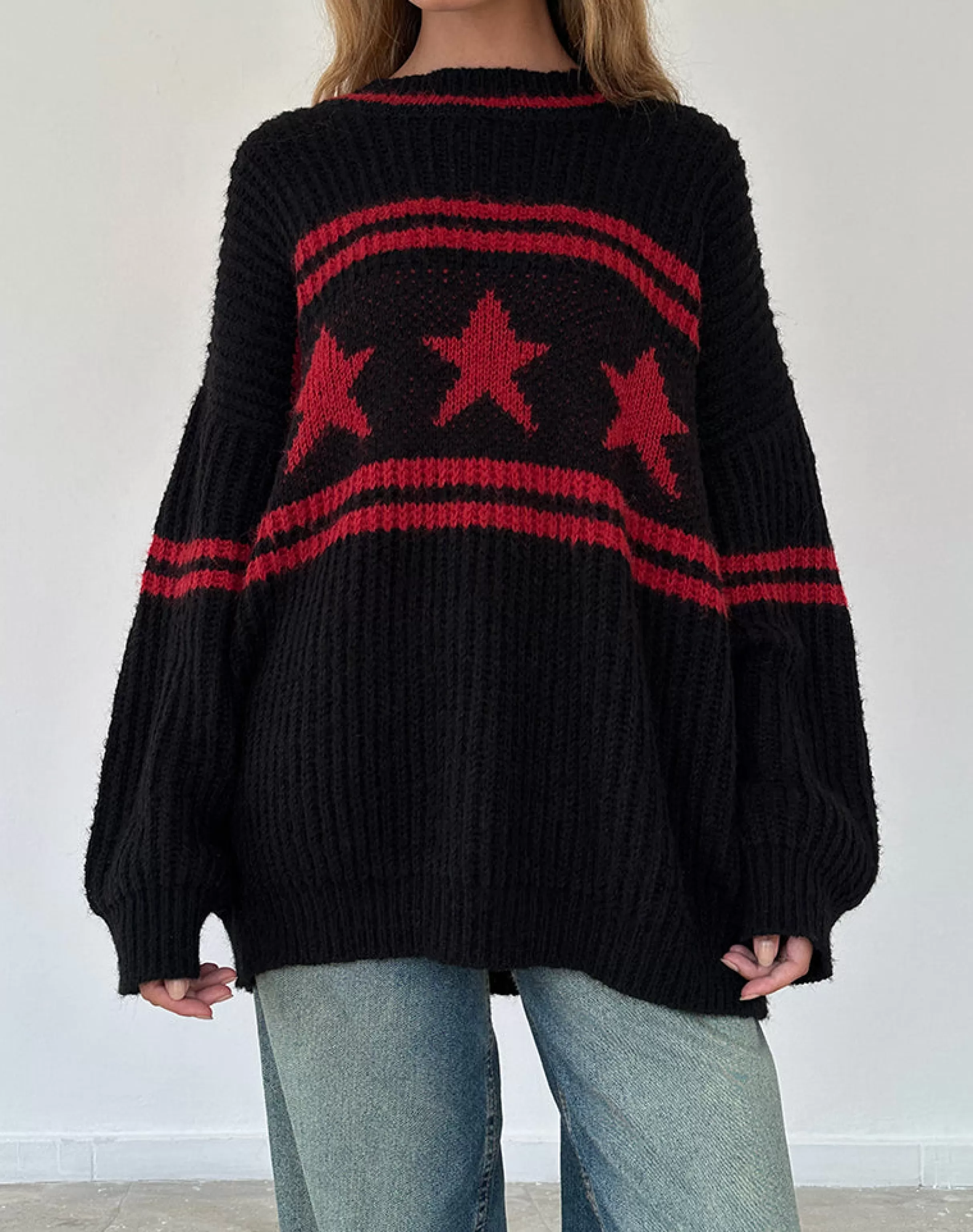 Clearance Lulees Oversized Jumper In Black With Red Star And Stripes JUMPERS