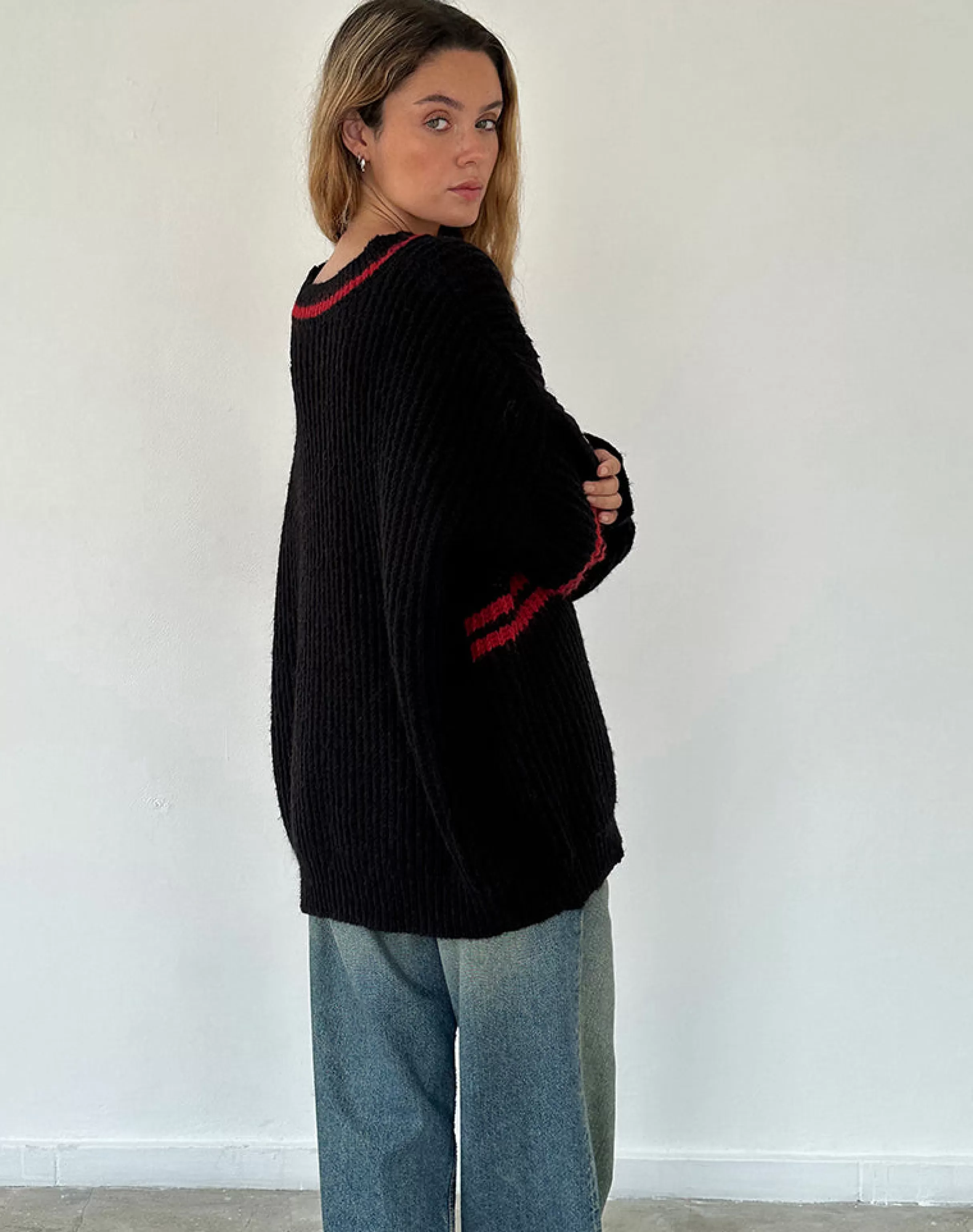 Clearance Lulees Oversized Jumper In Black With Red Star And Stripes JUMPERS