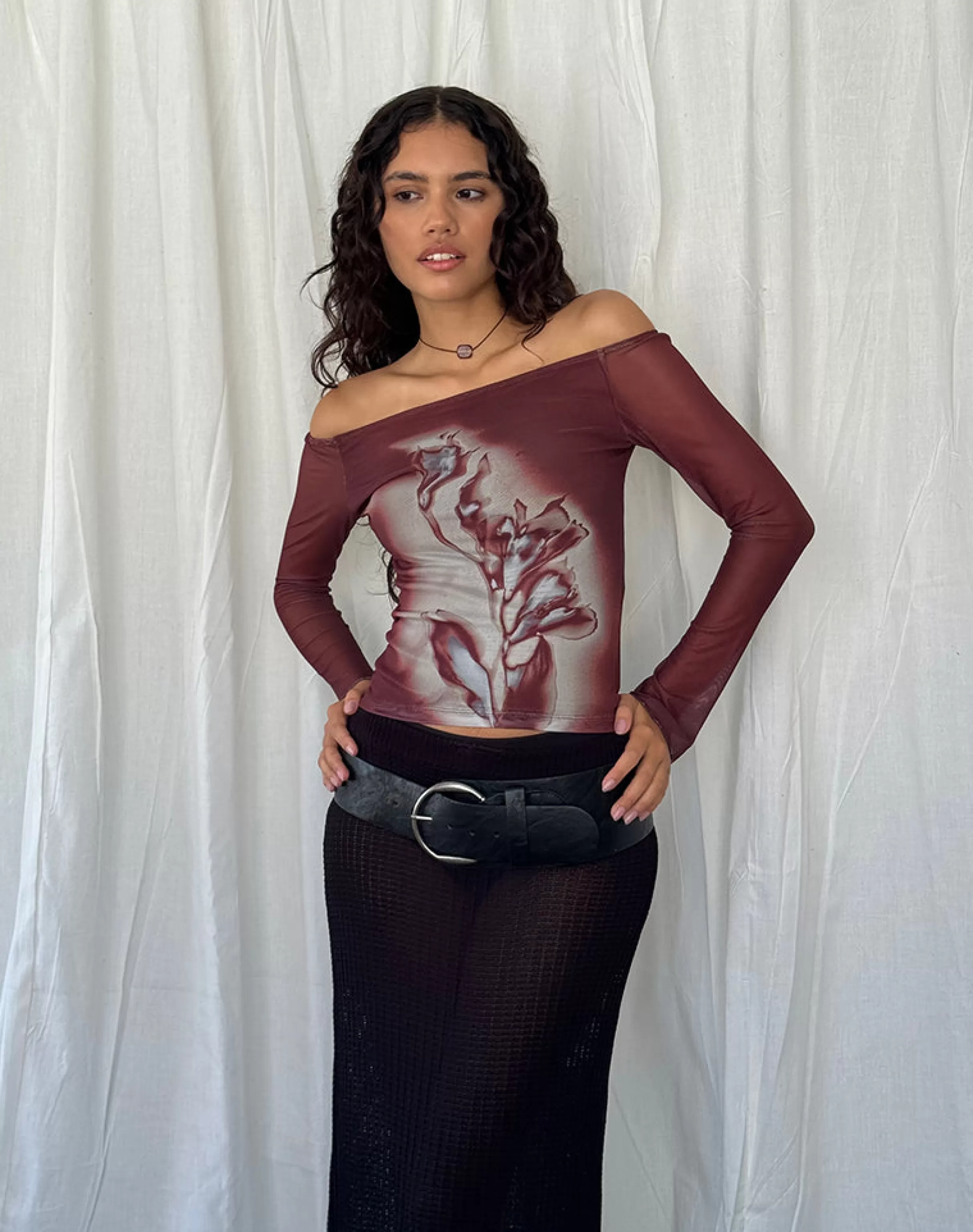 Cheap Lutana Bardot Top In Lumen Mesh Brown GOING OUT TOPS | LONG SLEEVE TOPS