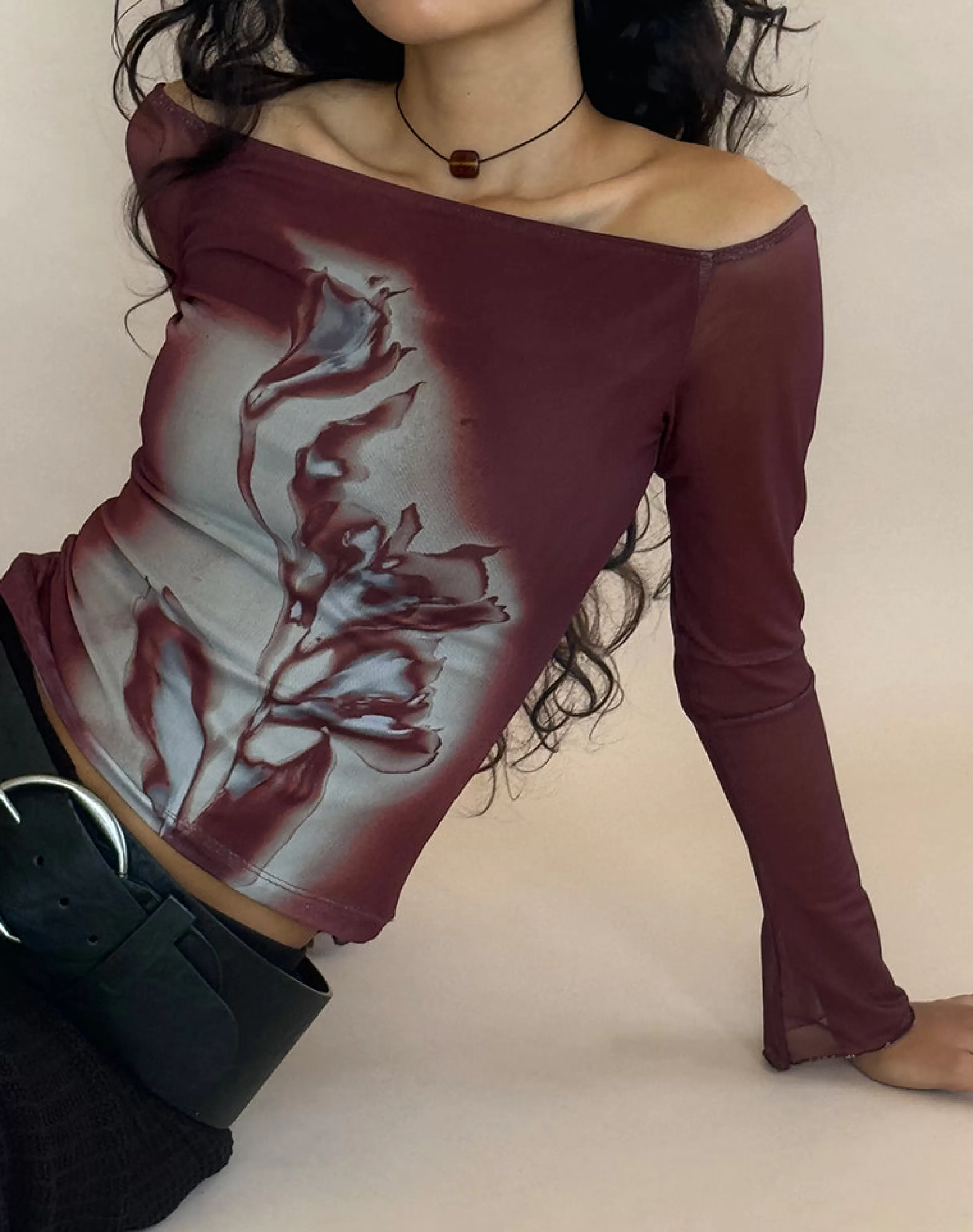 Cheap Lutana Bardot Top In Lumen Mesh Brown GOING OUT TOPS | LONG SLEEVE TOPS