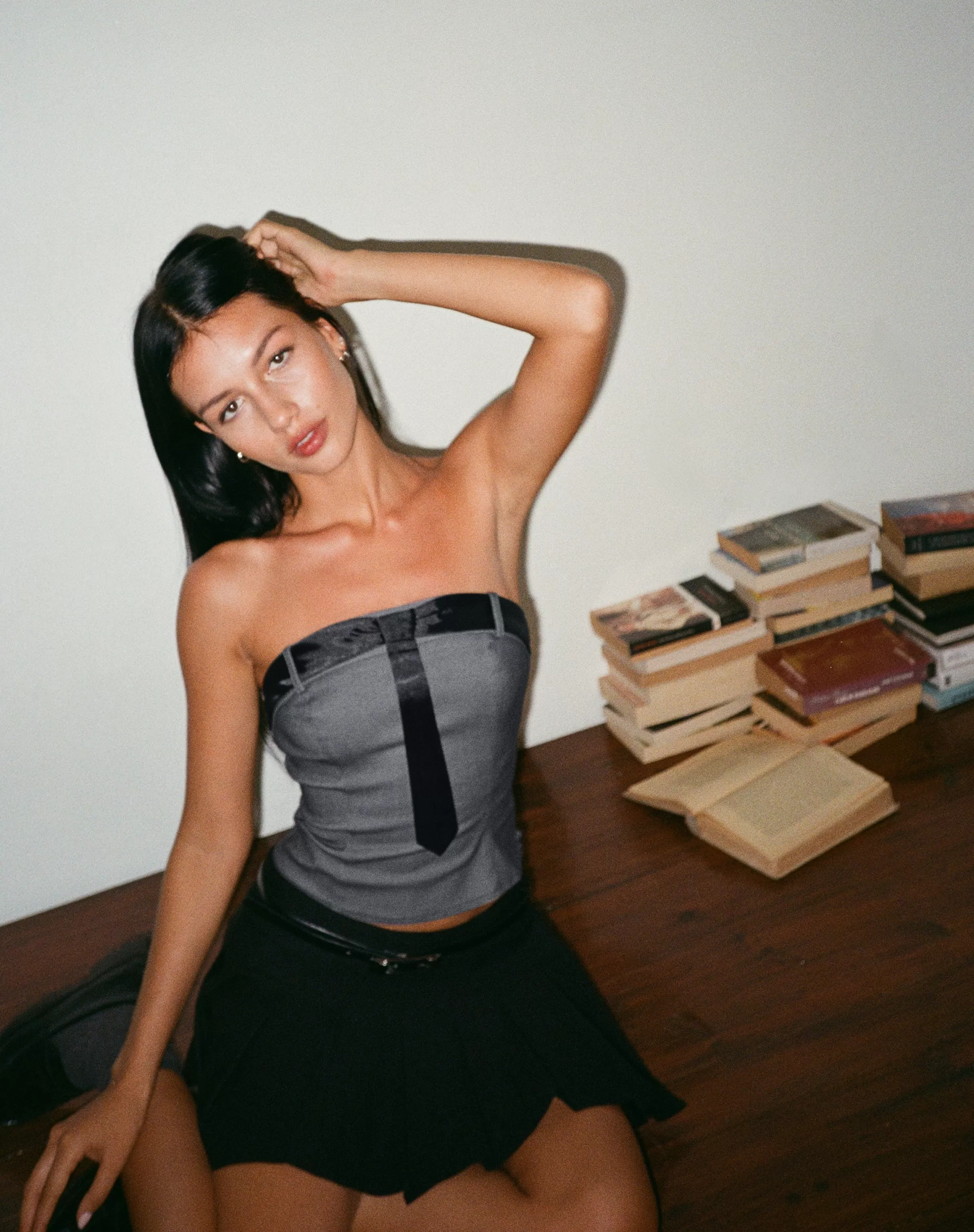 Shop Mabilis Bandeau Top In Satin Neck Tie Grey TAILORING | CORSET TOPS
