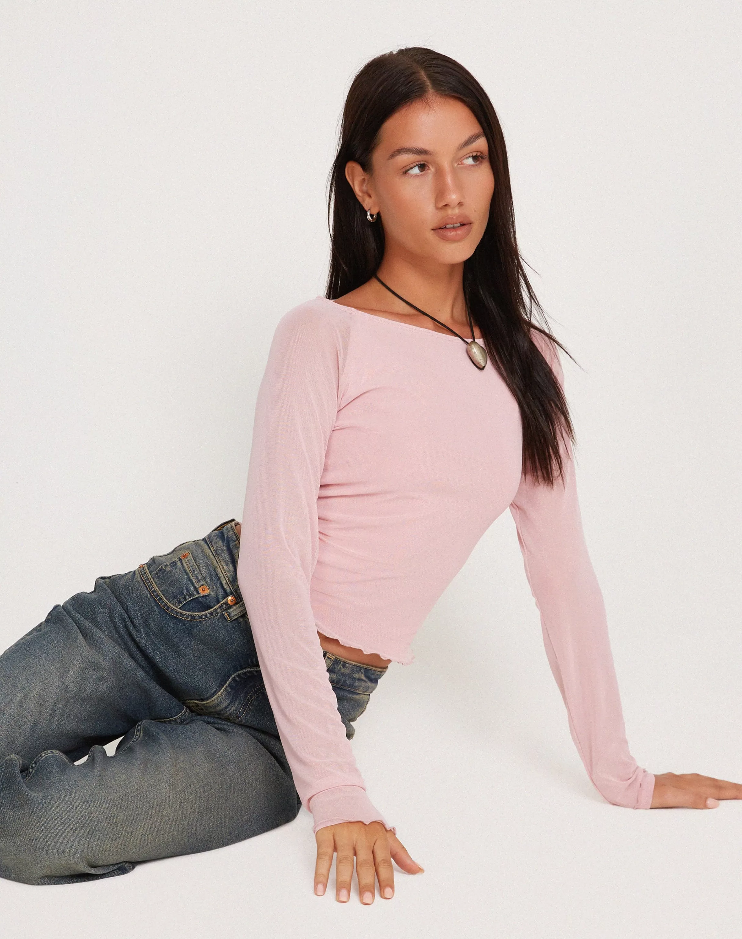 Fashion Mahira Long Sleeve Mesh Top In Pink SALE TOPS
