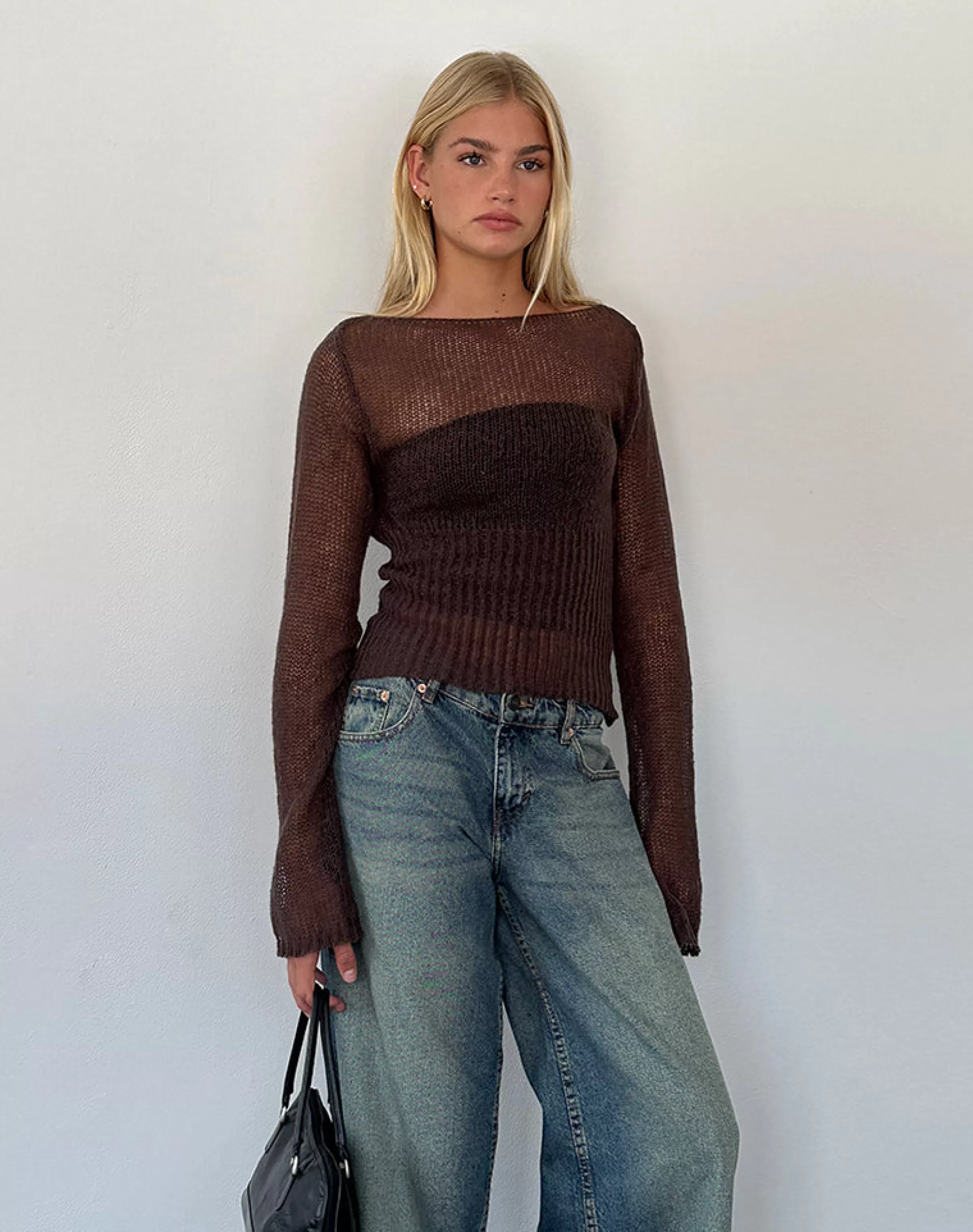 Discount Manon Long Sleeve Sheer Knit Top In Chocolate Brown BISOUS