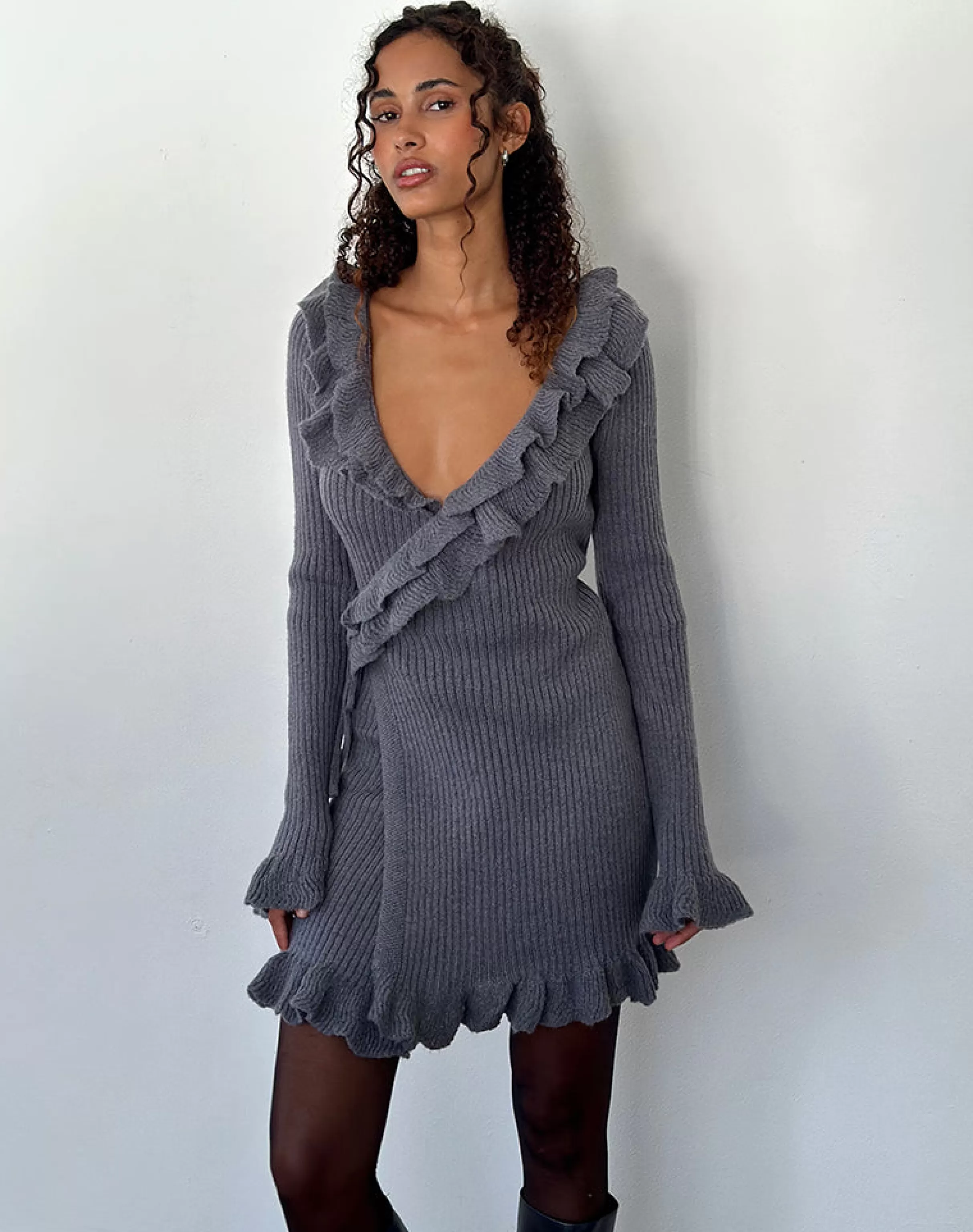 Hot Marianna Long Sleeve Knitted Mini Dress In Dark Grey SALE KNITWEAR | DAY DRESSES
