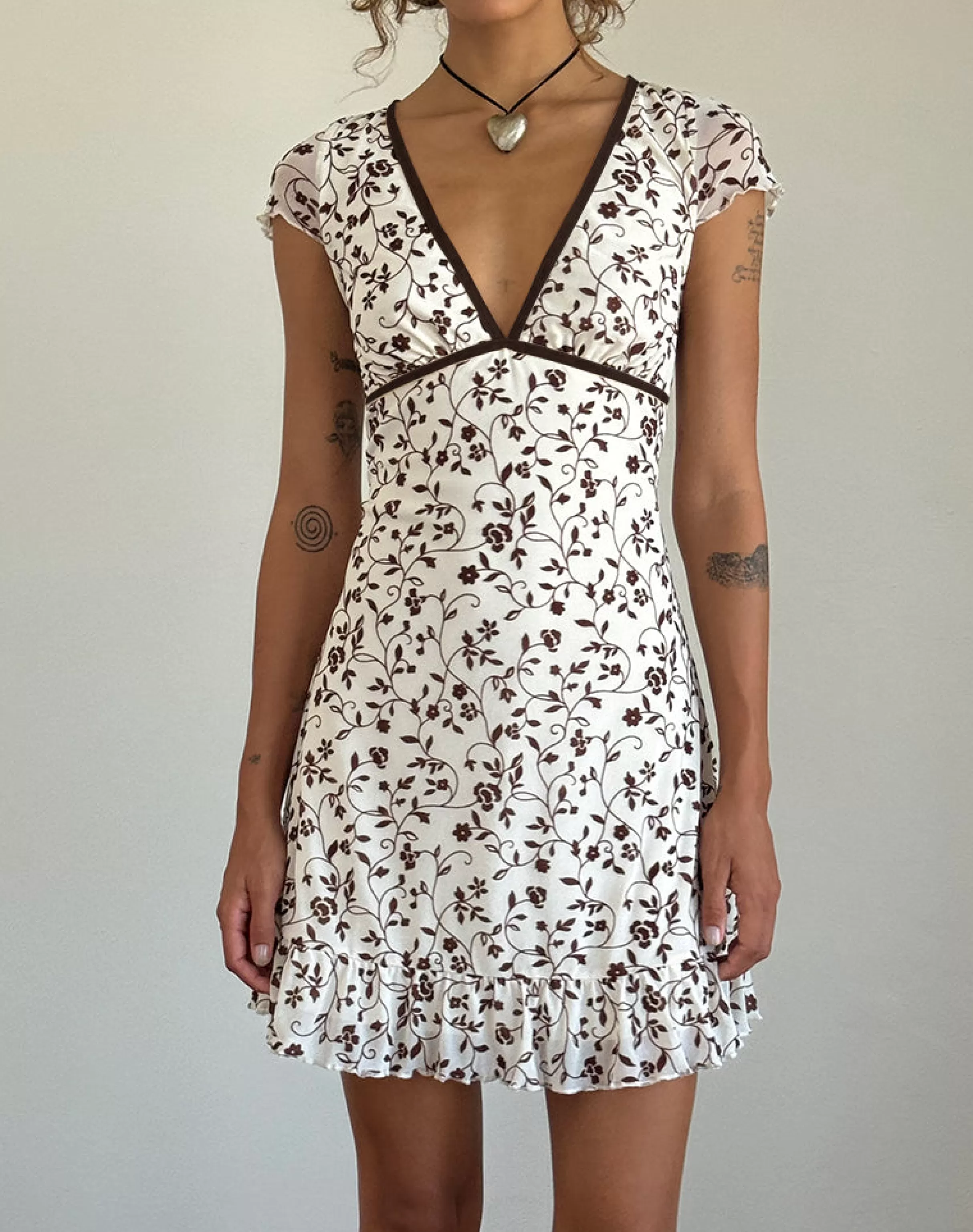 Fashion Melva Mini Dress In Brown Stem Flower Flock NEVERMORE | DAY DRESSES