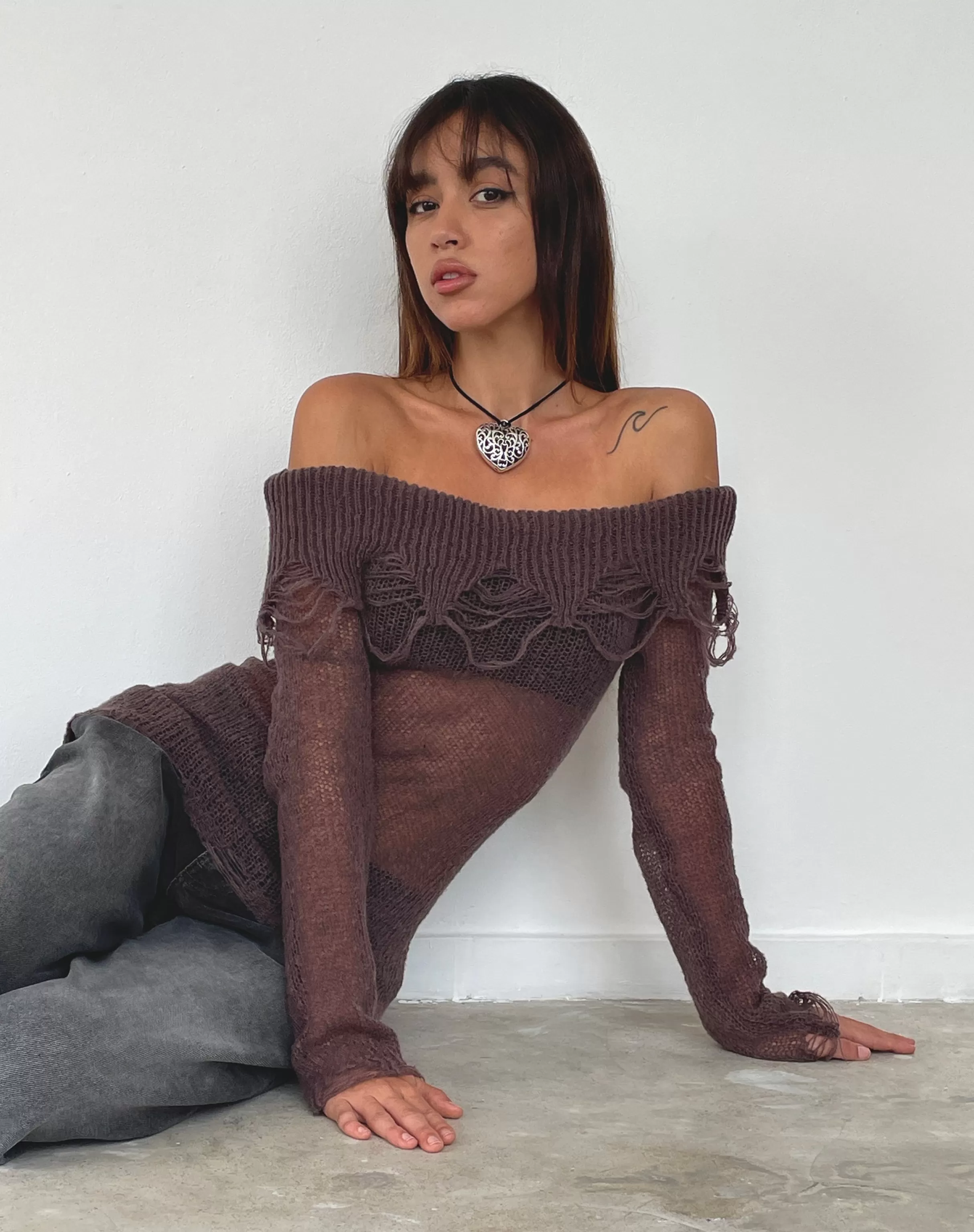 New Milena Distress Knit Long Sleeve Bardot Top In Maroon SALE KNITWEAR | JUMPERS