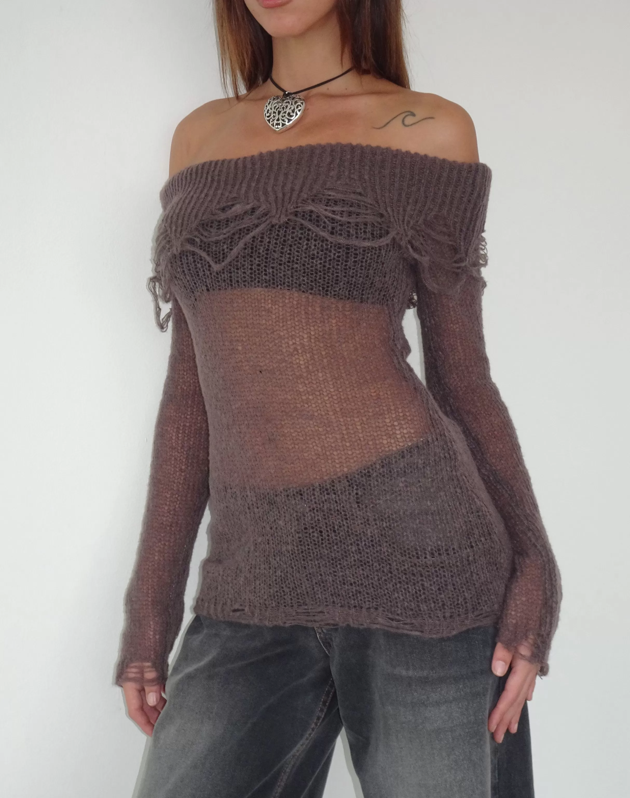 New Milena Distress Knit Long Sleeve Bardot Top In Maroon SALE KNITWEAR | JUMPERS