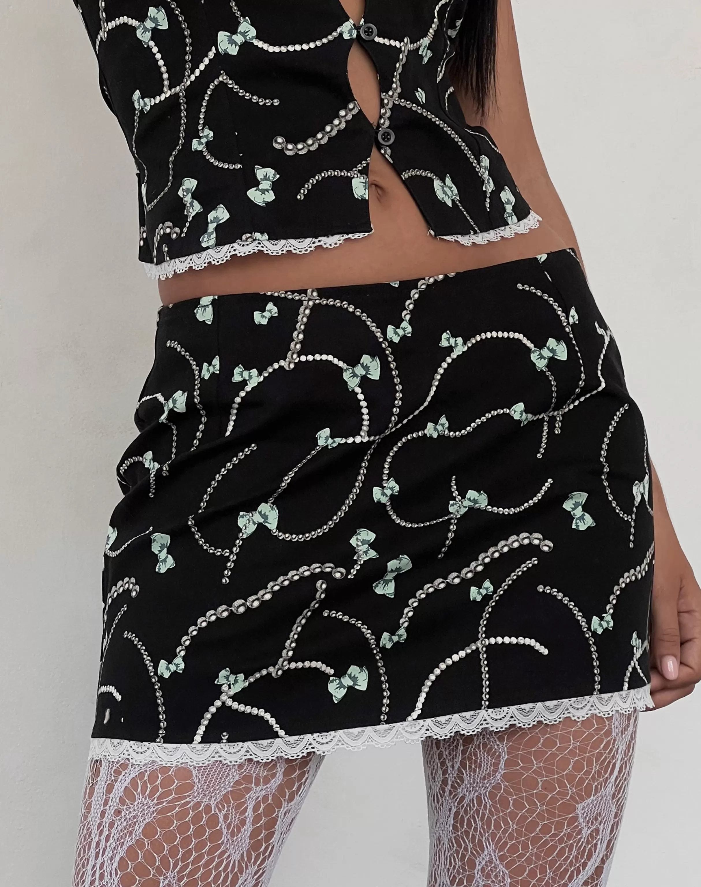 Fashion Molen Mini Skirt In Black With Pearl And Bow Print SALE SKIRTS | CO-ORDS