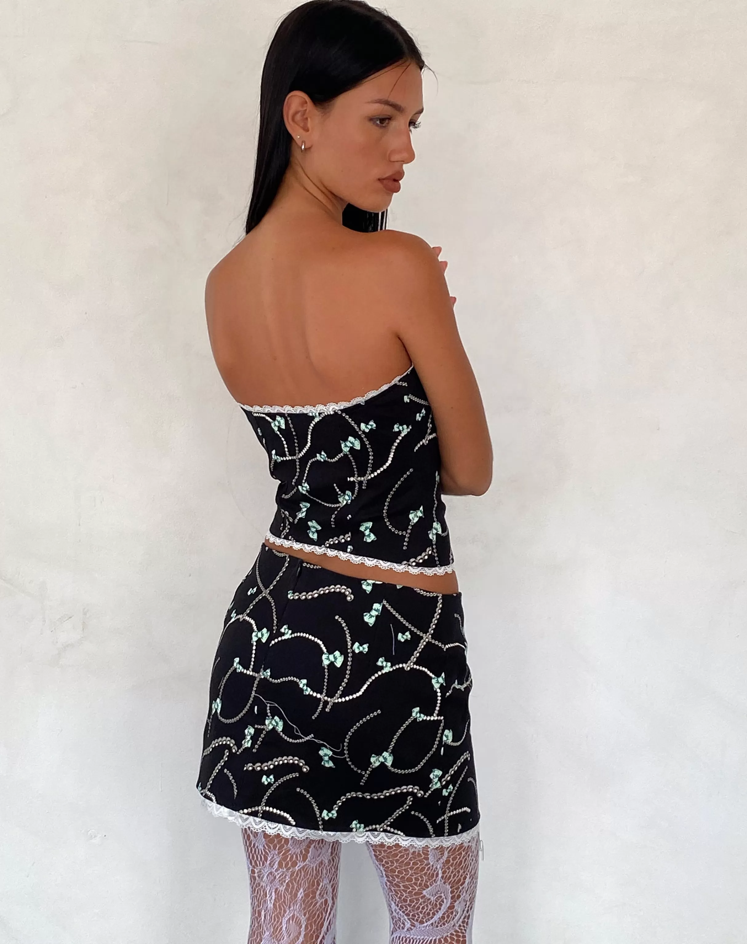Fashion Molen Mini Skirt In Black With Pearl And Bow Print SALE SKIRTS | CO-ORDS
