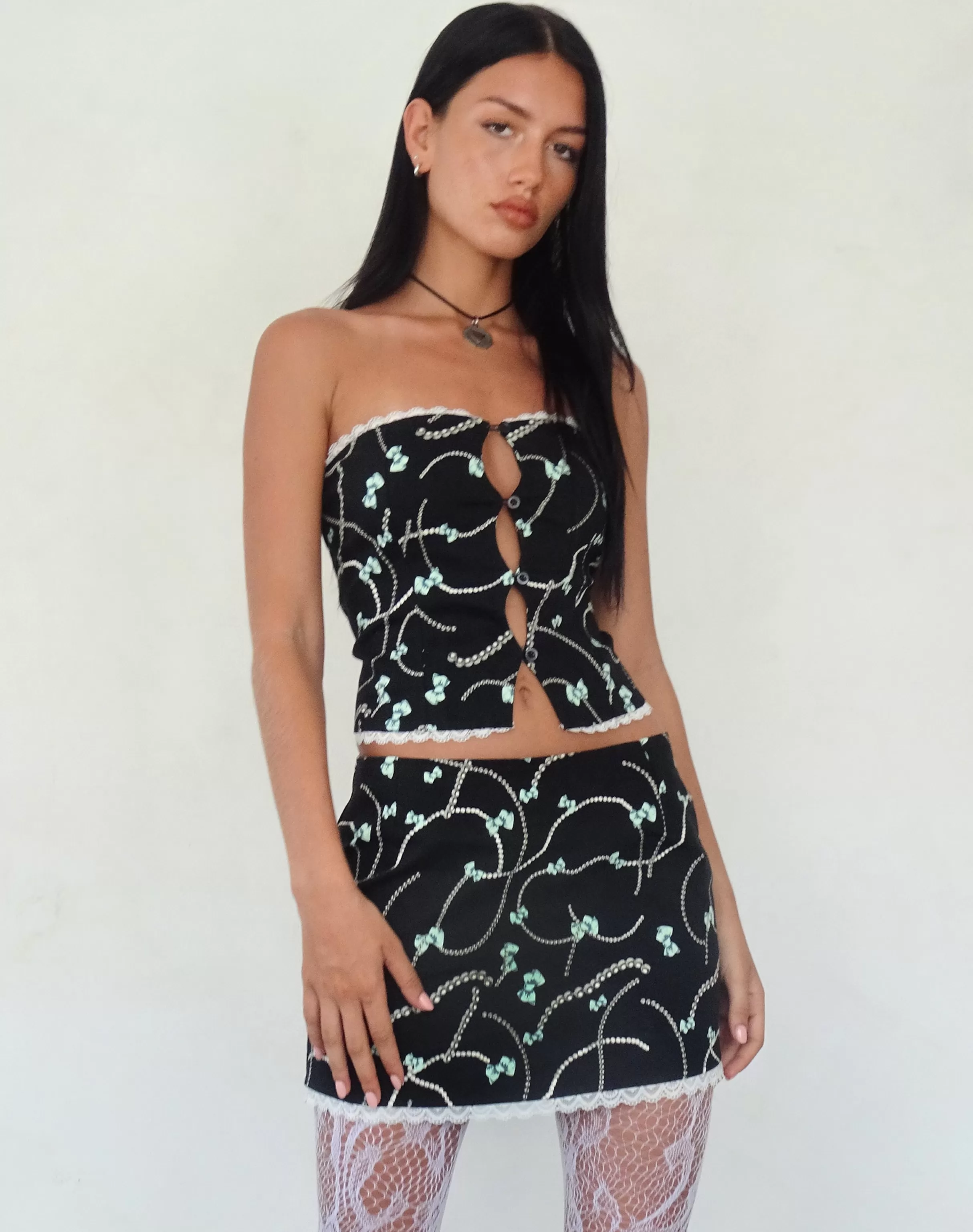 Fashion Molen Mini Skirt In Black With Pearl And Bow Print SALE SKIRTS | CO-ORDS