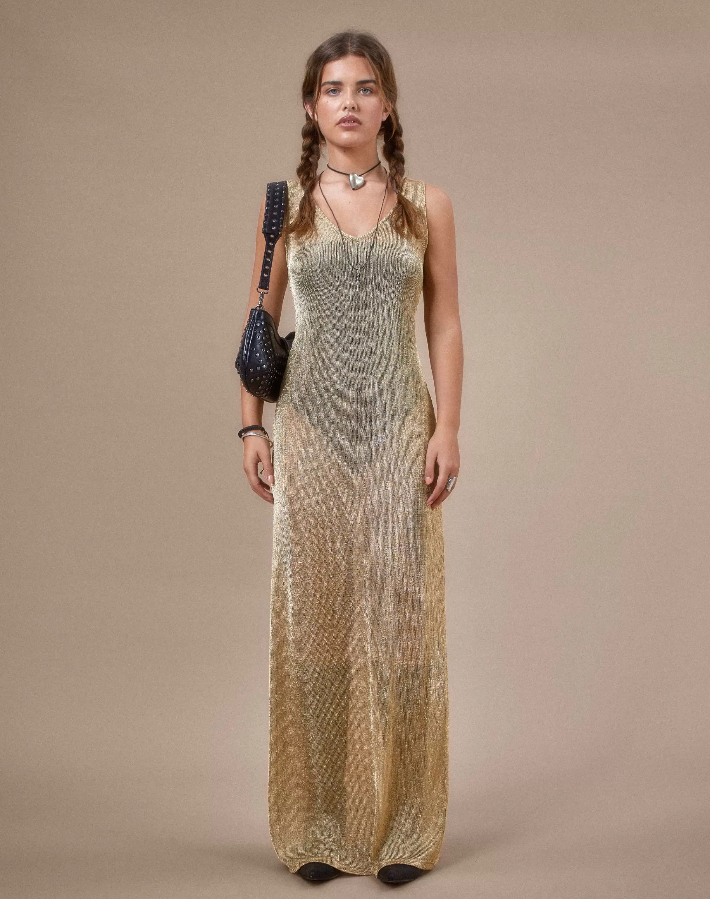Clearance Morticia Maxi Dress In Chain Knit Gold SALE DRESSES
