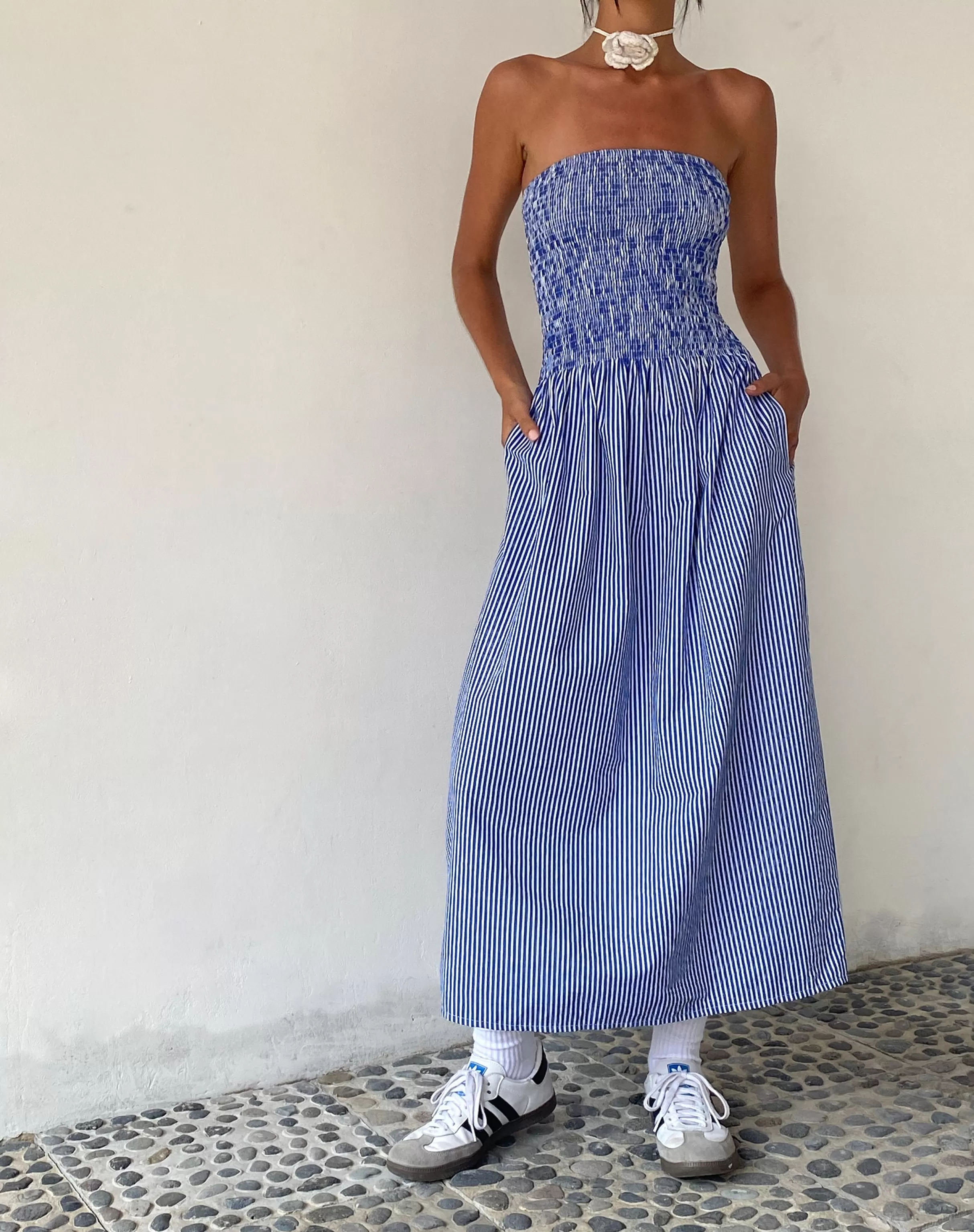 Sale MOTEL X JACQUIE Beleame Bandeau Midaxi Dress In A Blue Striped Poplin PRINTED DRESSES