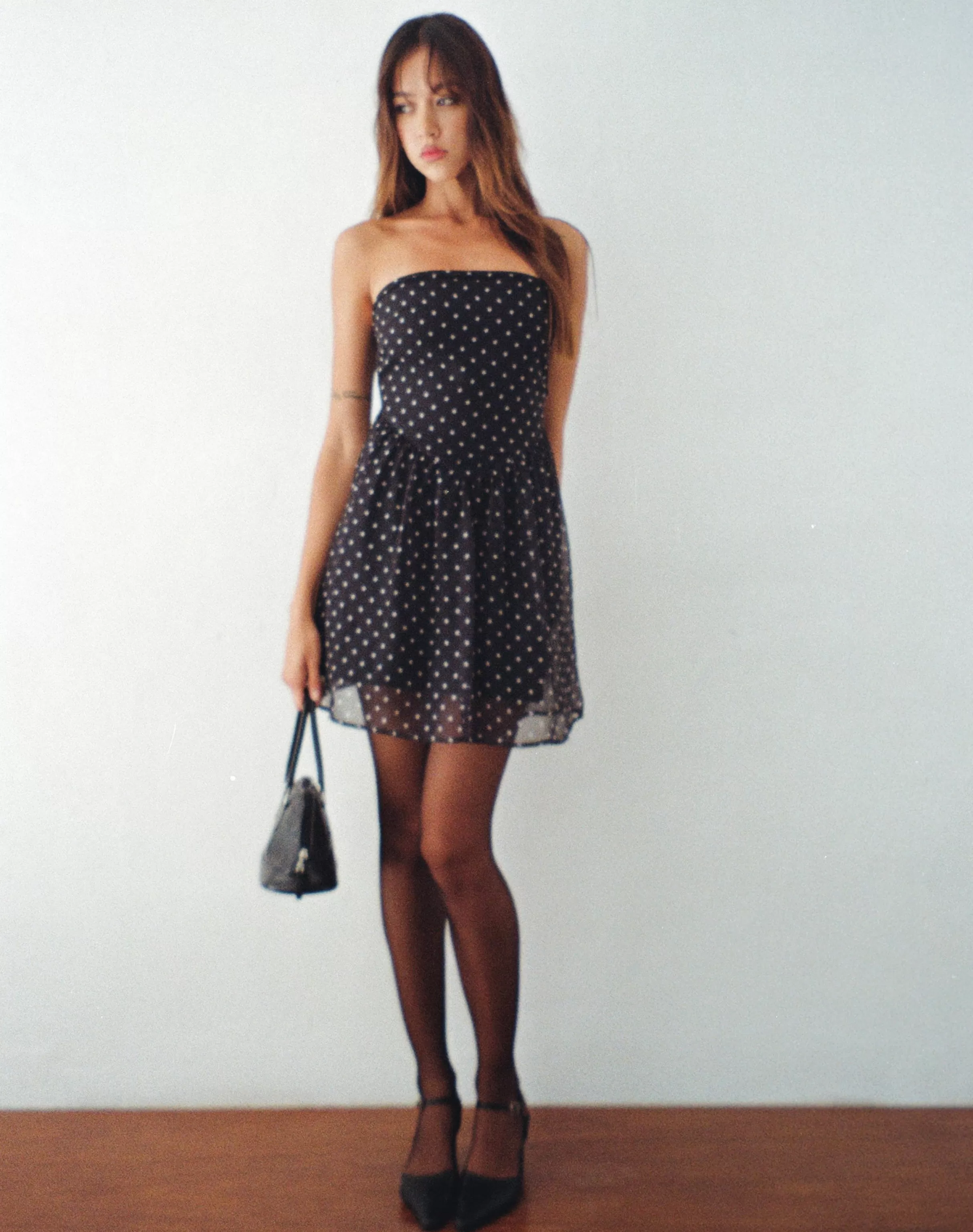 Online Murni Bandeau Mini Dress In Polka Black Chiffon PRINTED DRESSES | BANDEAU DRESSES
