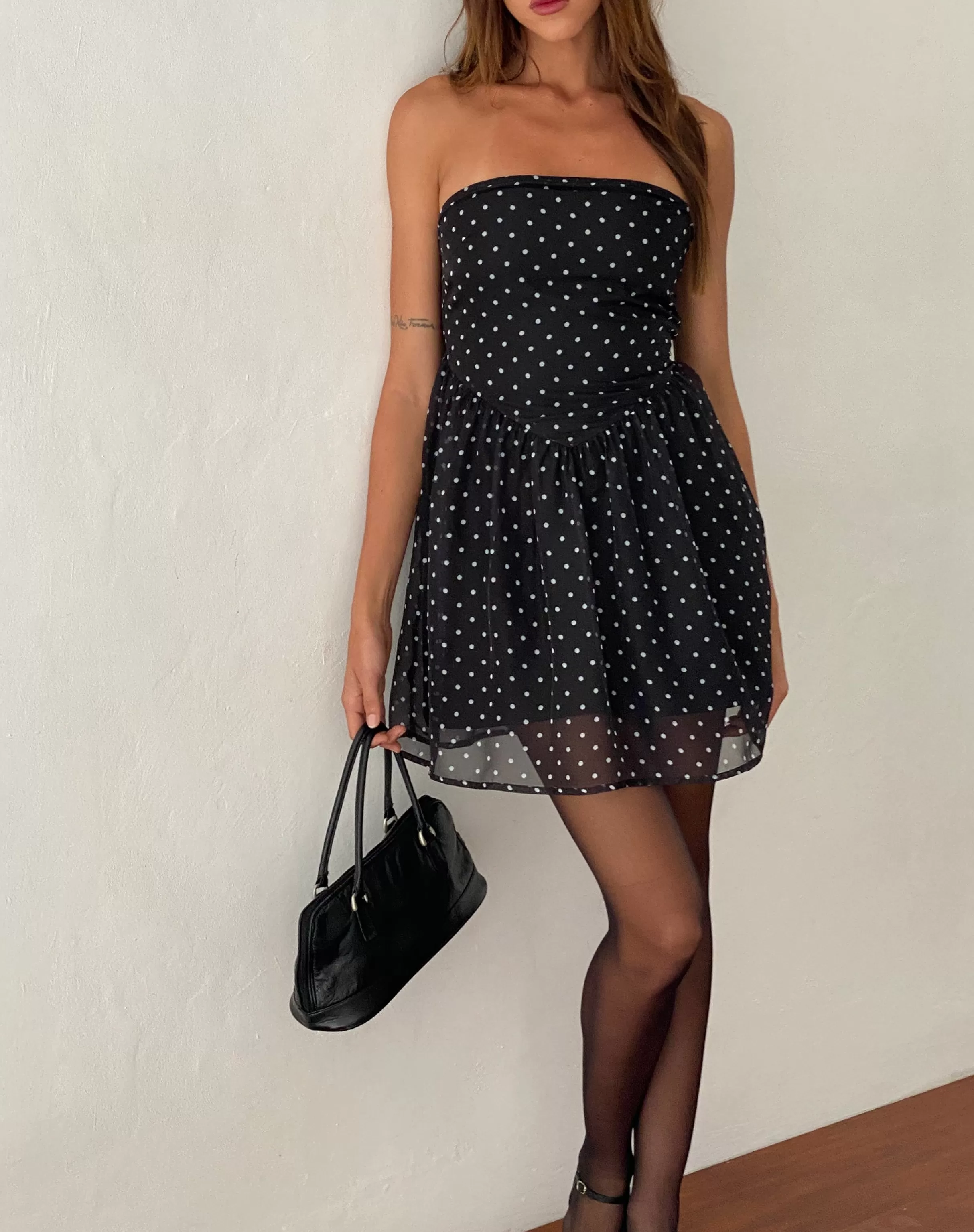 Online Murni Bandeau Mini Dress In Polka Black Chiffon PRINTED DRESSES | BANDEAU DRESSES