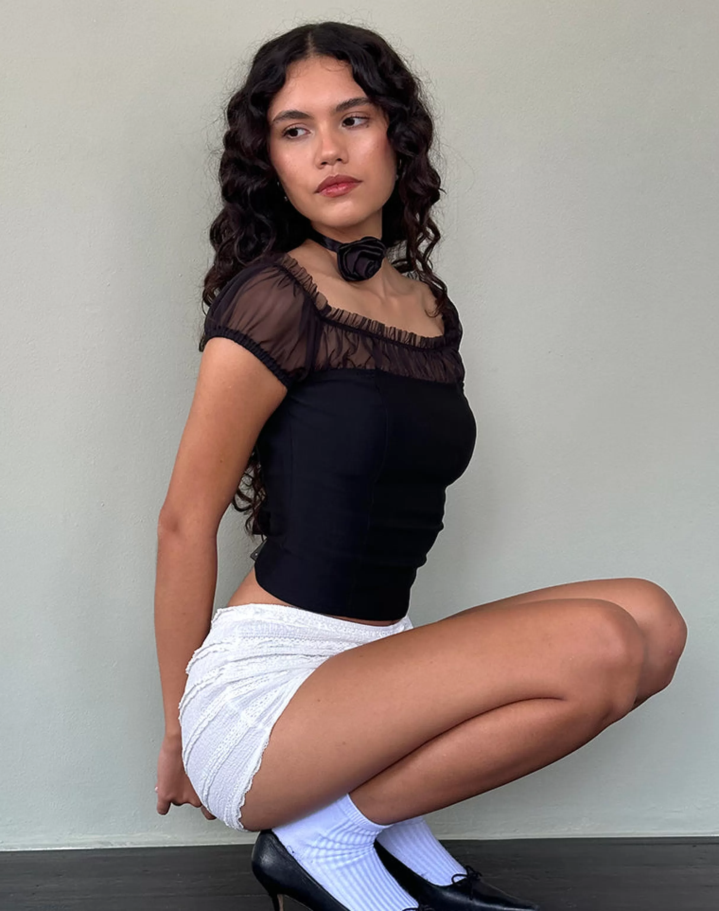 Hot Naaji Chiffon Frill Bardot Top In Black CORSET TOPS | BANDEAU TOPS