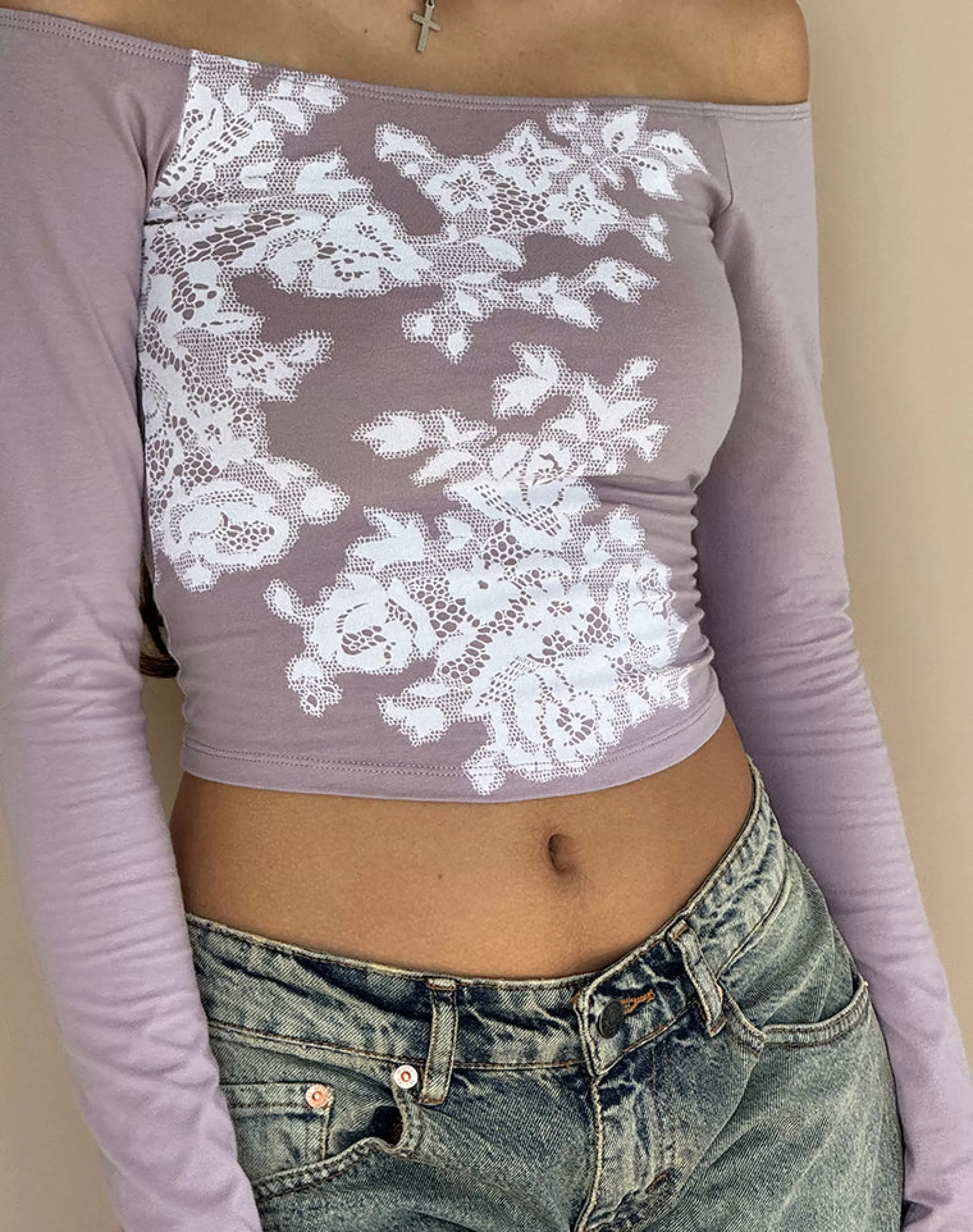 Best Sale Nauby Long Sleeve Bardot Top In Light Mauve Floral Lace PRINTED TOPS | LONG SLEEVE TOPS