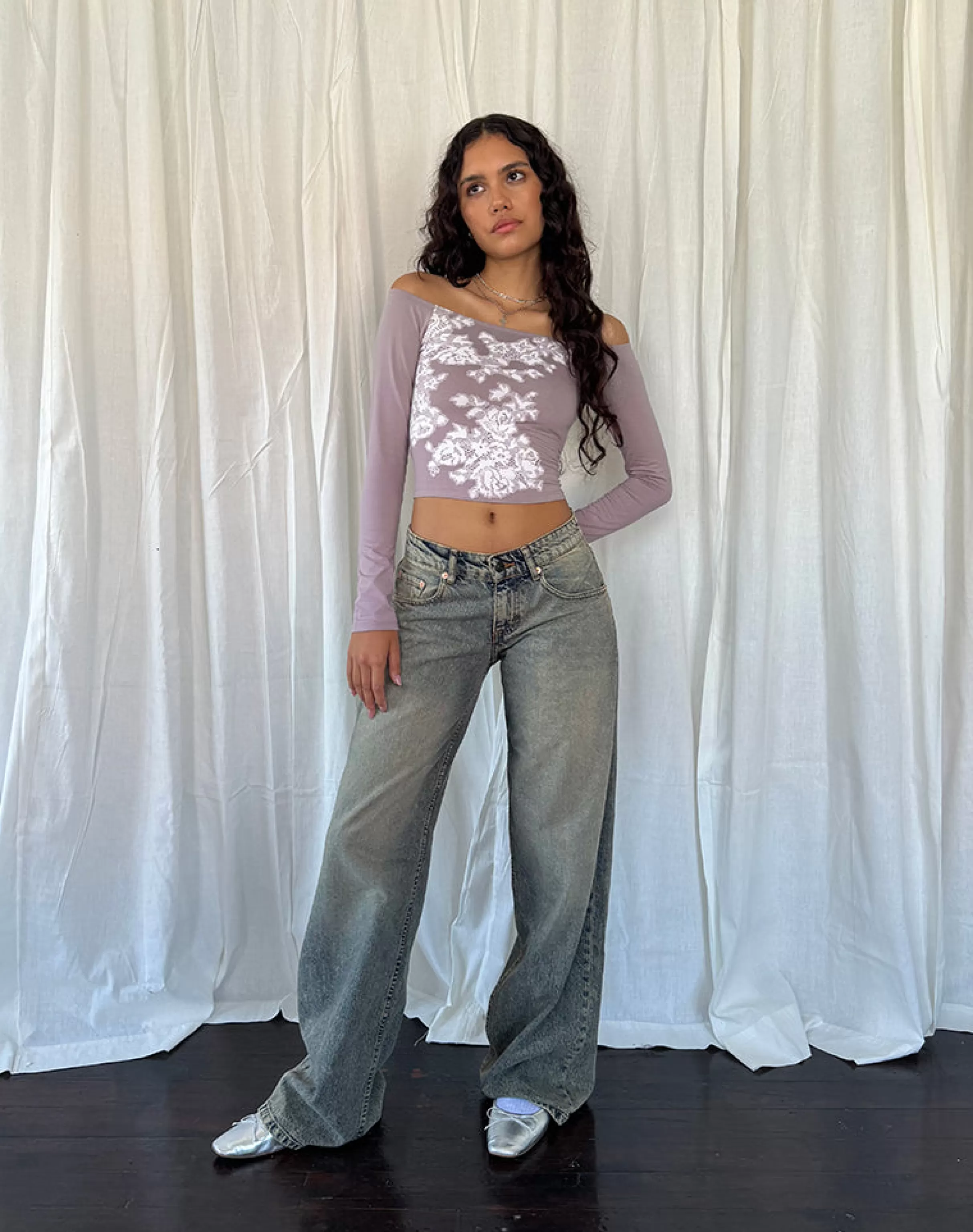Best Sale Nauby Long Sleeve Bardot Top In Light Mauve Floral Lace PRINTED TOPS | LONG SLEEVE TOPS
