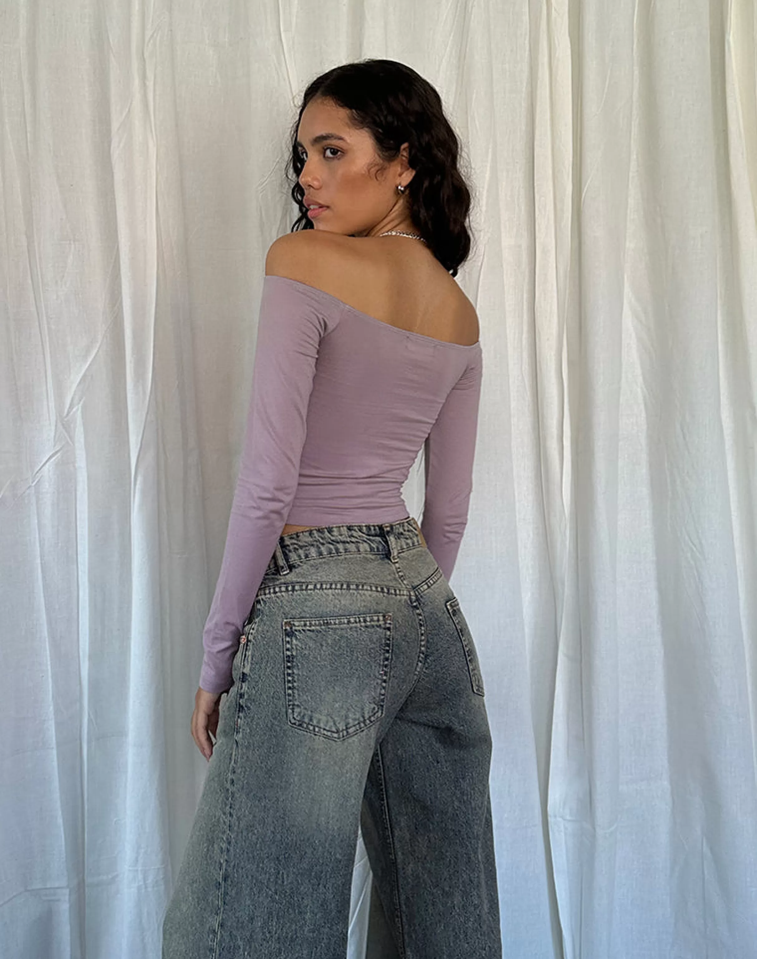 Best Sale Nauby Long Sleeve Bardot Top In Light Mauve Floral Lace PRINTED TOPS | LONG SLEEVE TOPS
