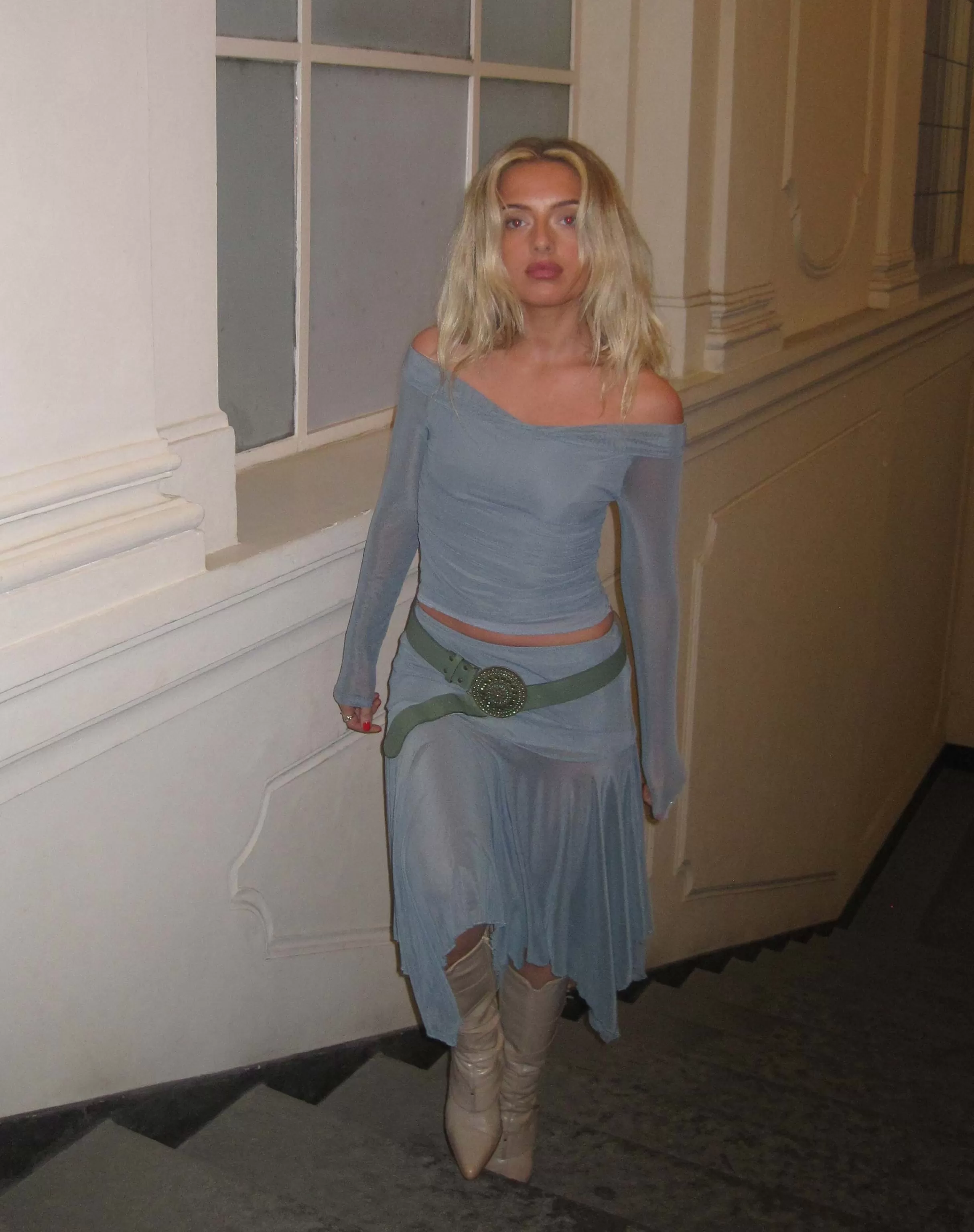 New Nauri Mesh Bardot Top In Blue Grey SALE TOPS