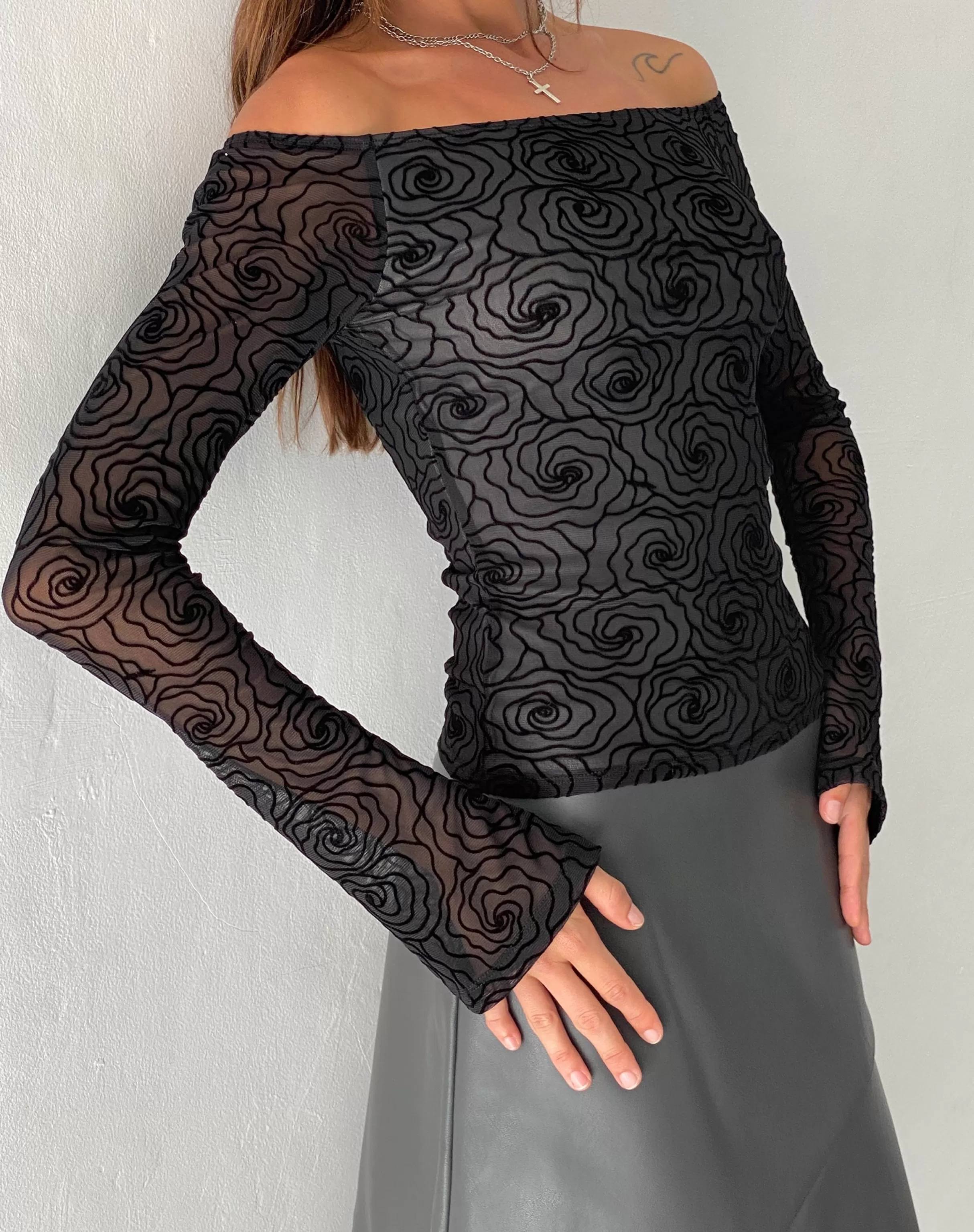 Discount Neira Long Sleeve Mesh Bardot Top In SALE TOPS