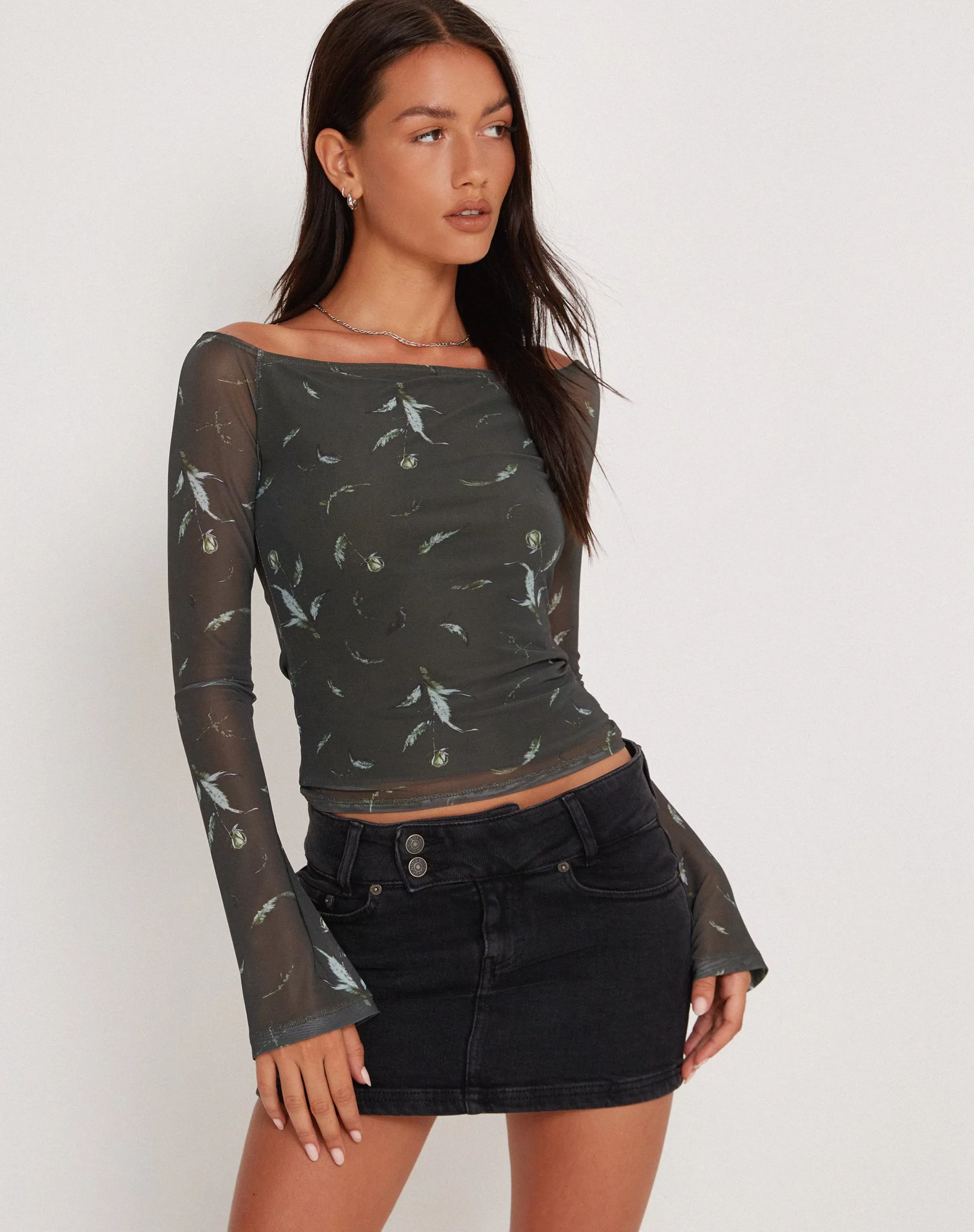 Store Neira Long Sleeve Mesh Bardot Top In PRINTED TOPS