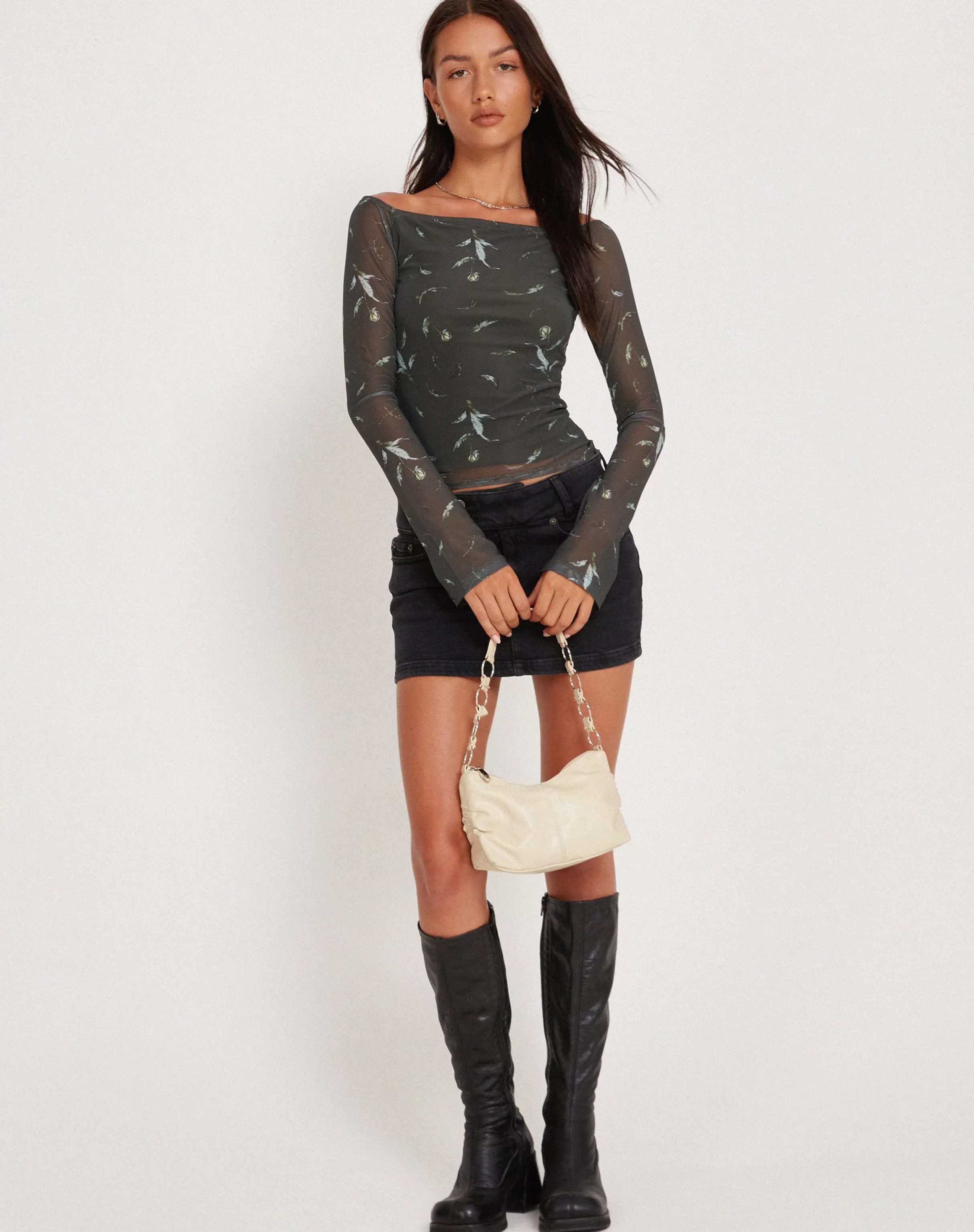 Store Neira Long Sleeve Mesh Bardot Top In PRINTED TOPS