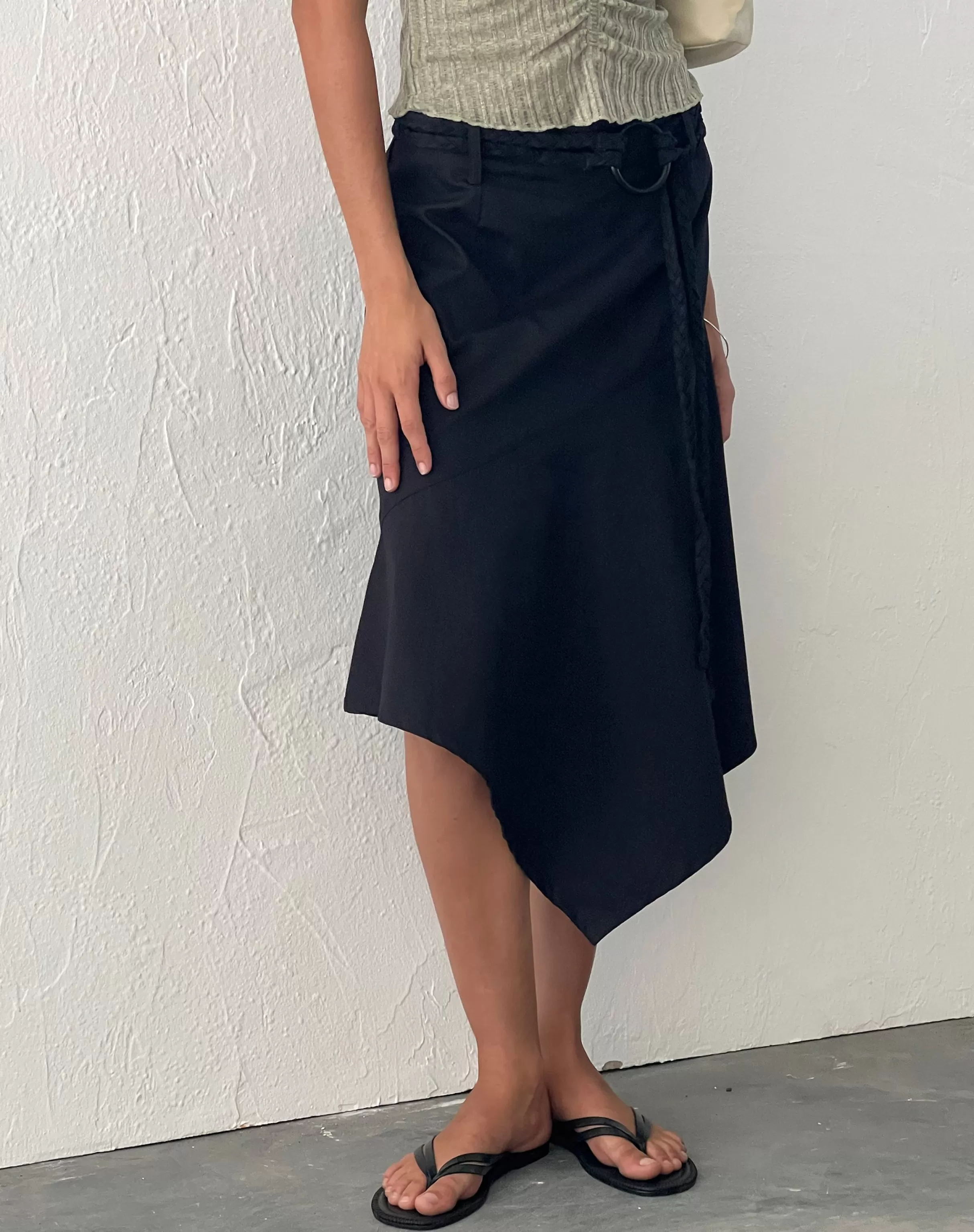 Hot Nejusi Asymmetric Midi Skirt In Black With Braided Belt SALE SKIRTS | MIDI SKIRTS